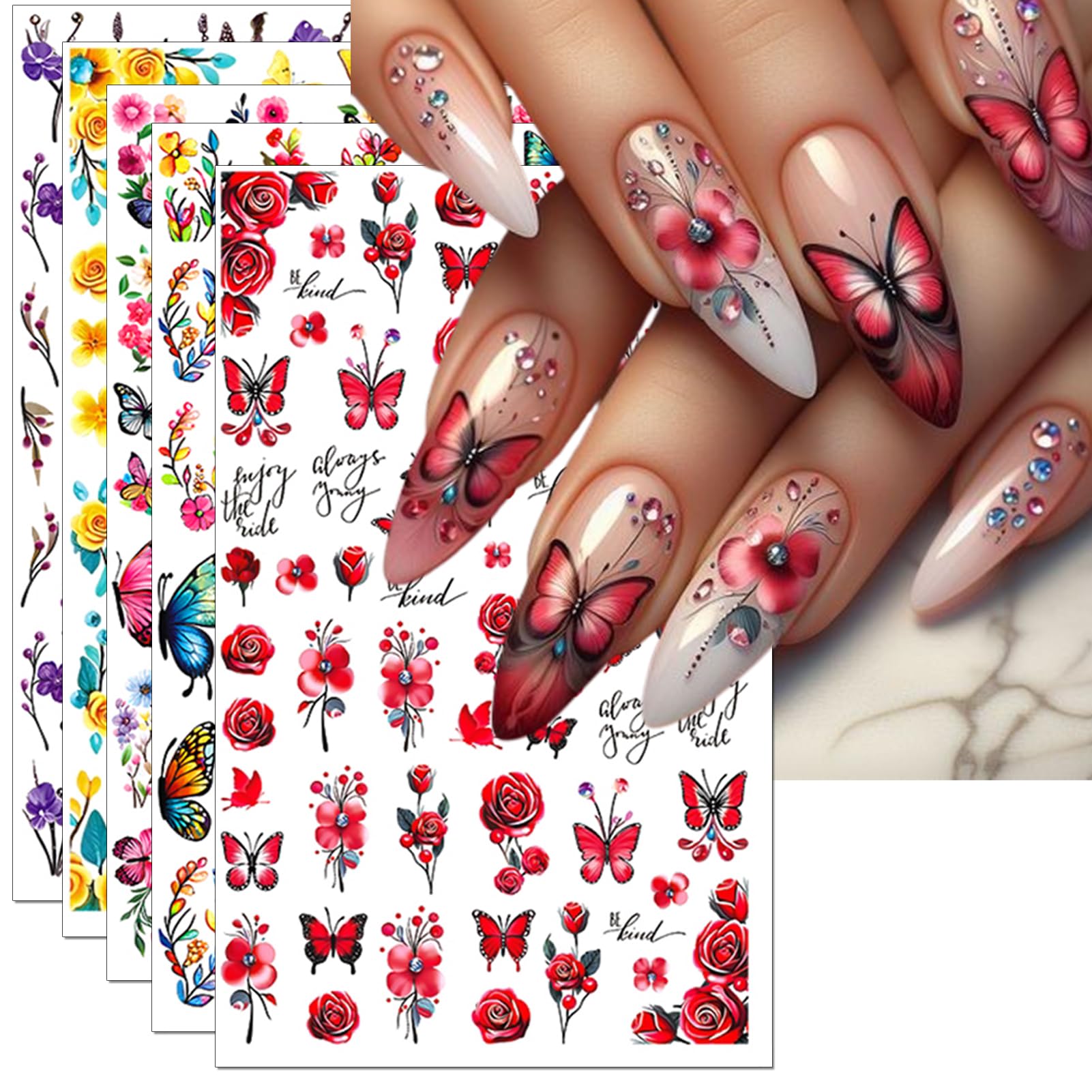 IDDFEVE Colorful Butterflies & Flowers Nail Art Stickers - Bright Red Purple Yellow Butterflies Wing & Spring Floral Self-Adhesive Nail Decal for DIY