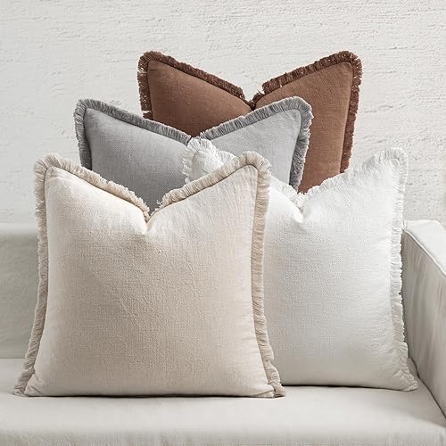 Miniatura 7 de MIULEE Juego de 4 fundas de almohada decorativas de lino neutro con flecos, fundas de almohada rústicas suaves para cama, sofá, sala de estar, Marrón