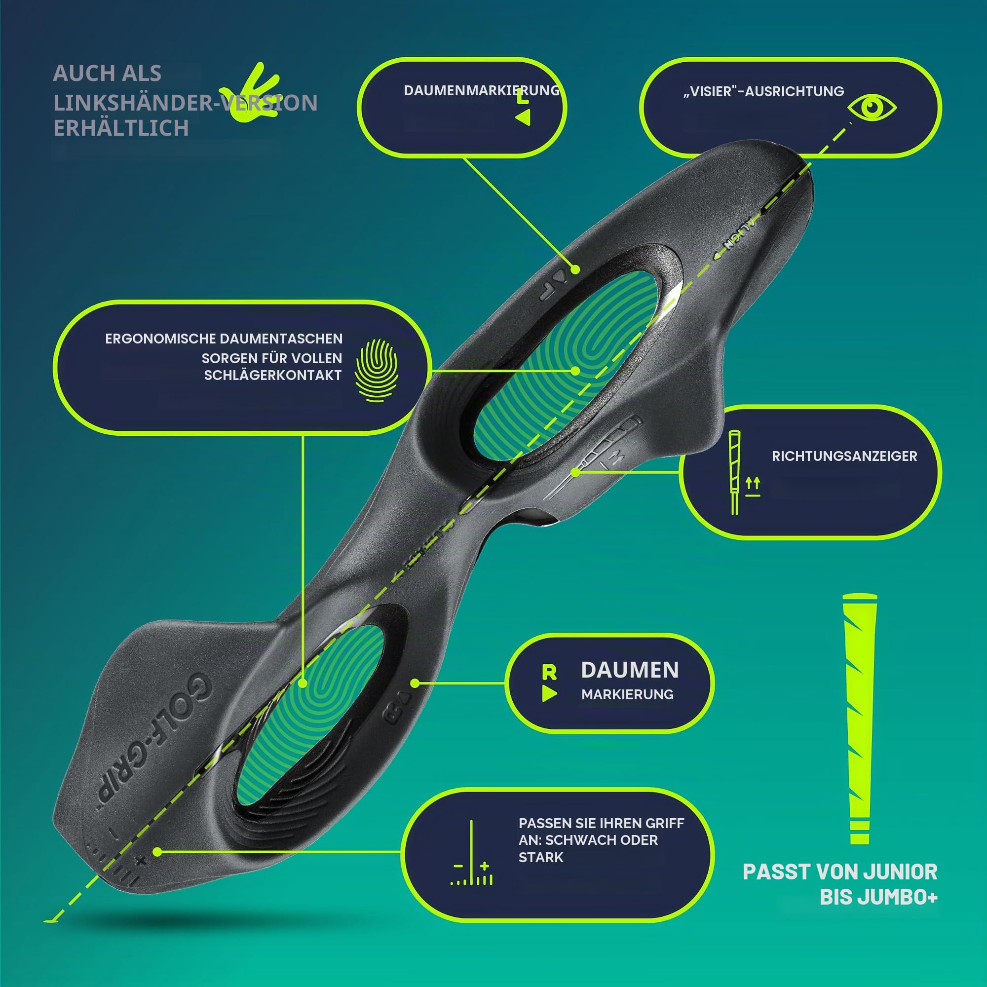 GOLF-GRIP Golf Grip Trainer für Links- & Rechtshänder Golfer - Aufsteckbare Golf-Trainingshilfe für die richtige Handposition & Schwungtechnik - Schlagen Sie gerader, längere Schläge & Fix Slices oder
