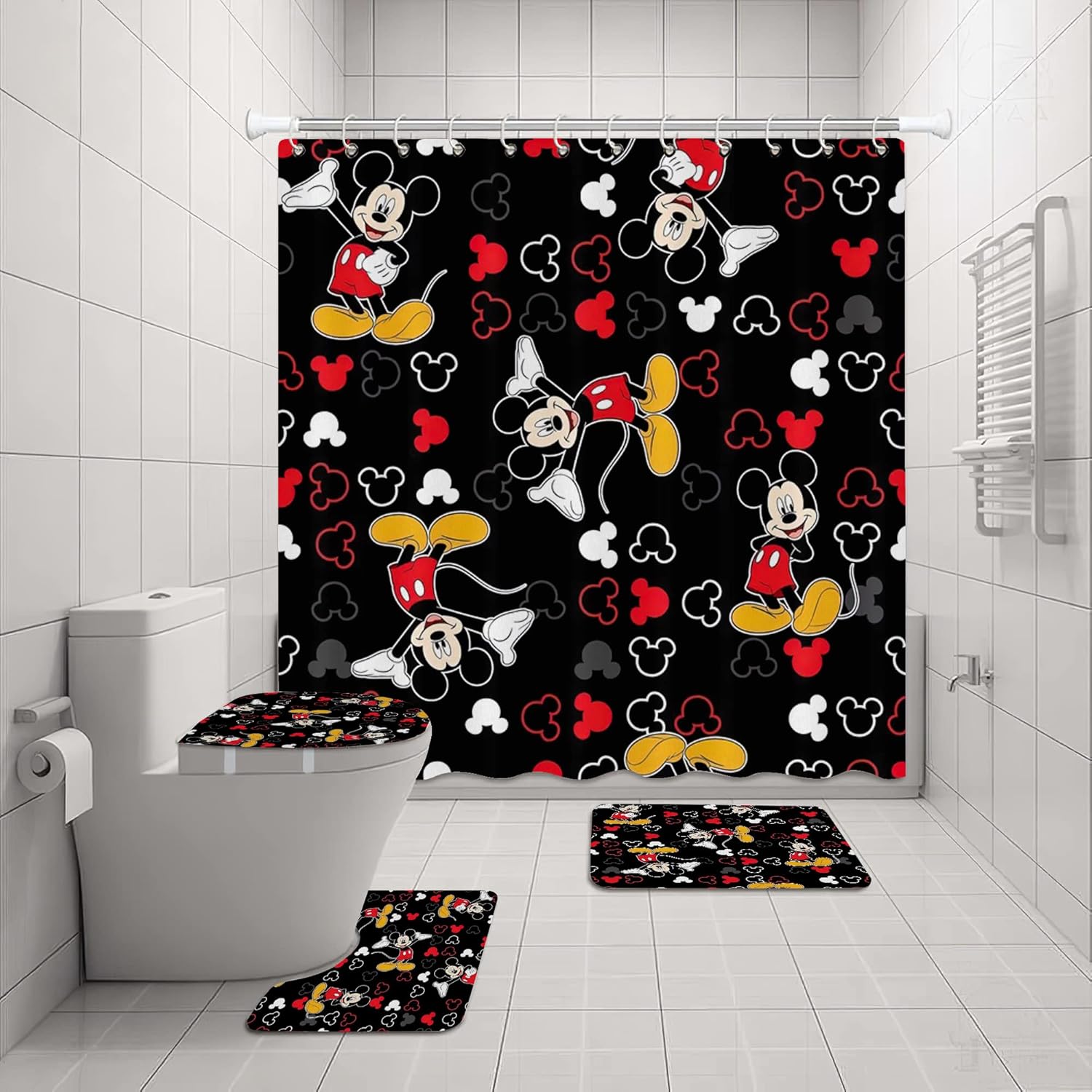 Non-Slip Shower Curtain Set with 4 Pieces: Includes Shower Curtain, Rugs, Toilet Lid Cover, and Bath Mat. Waterproof Polyester Fabric Bathroom Curtain with 12 Hooks. 72 x 72 inches