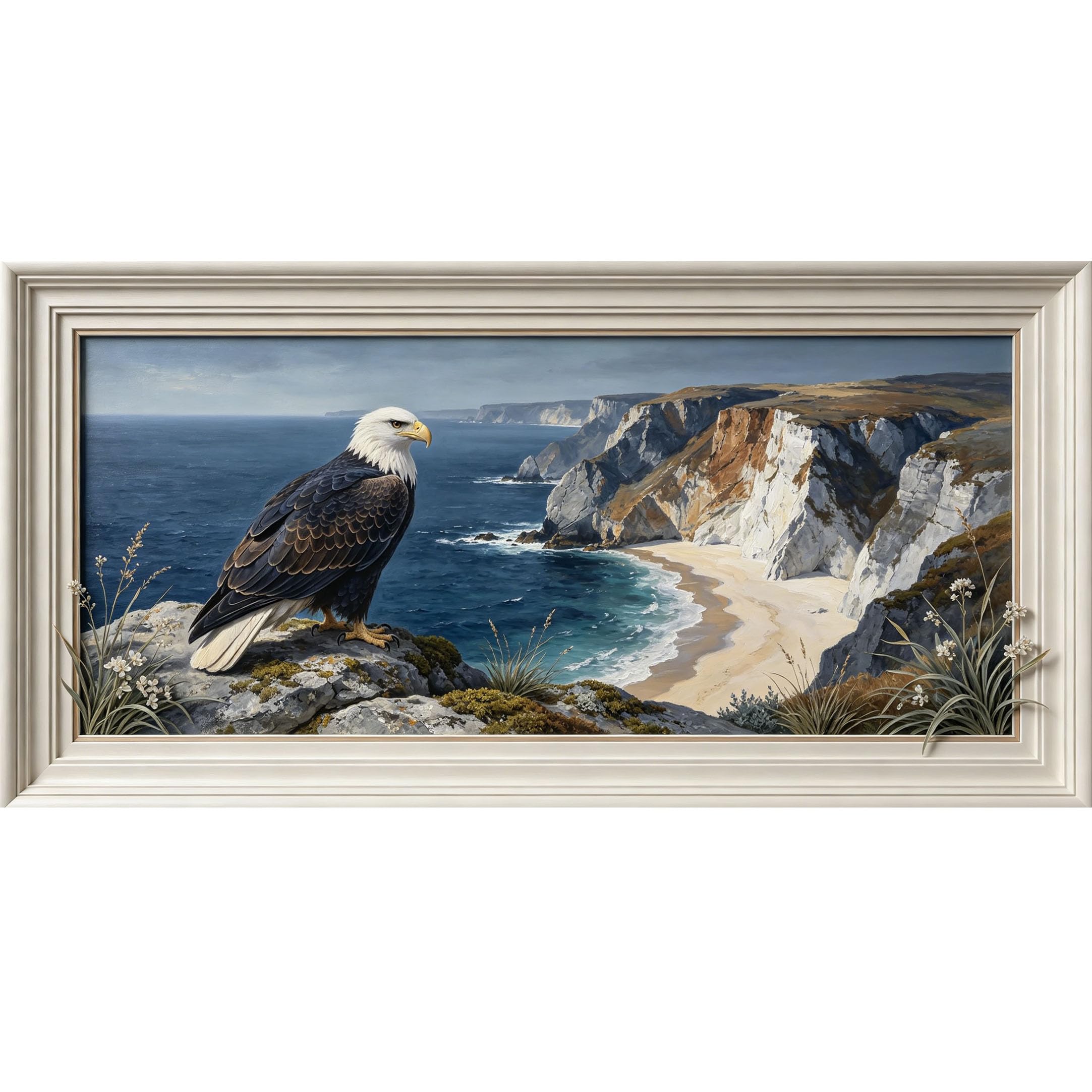 Agglomerix 3D Framed Wall Art Bald Eagle Coastal Landscape Oil Painting Ocean Cliffs Shoreline Large Size SelfAdhesive Removable Wall Decor Prints Artwork for Living Room Bedroom Office