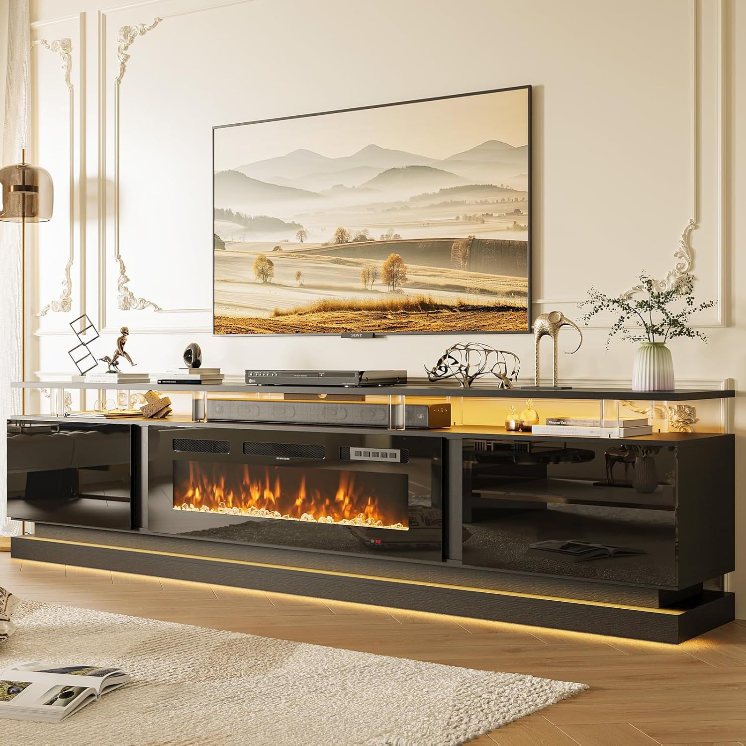 80" Fireplace TV Stand, Modern Entertainment Center for TVs Up to 90", TV Console with Storage Cabinets, Media Console for Living Room, Pure Black TV Stand and Pure Black Fireplace