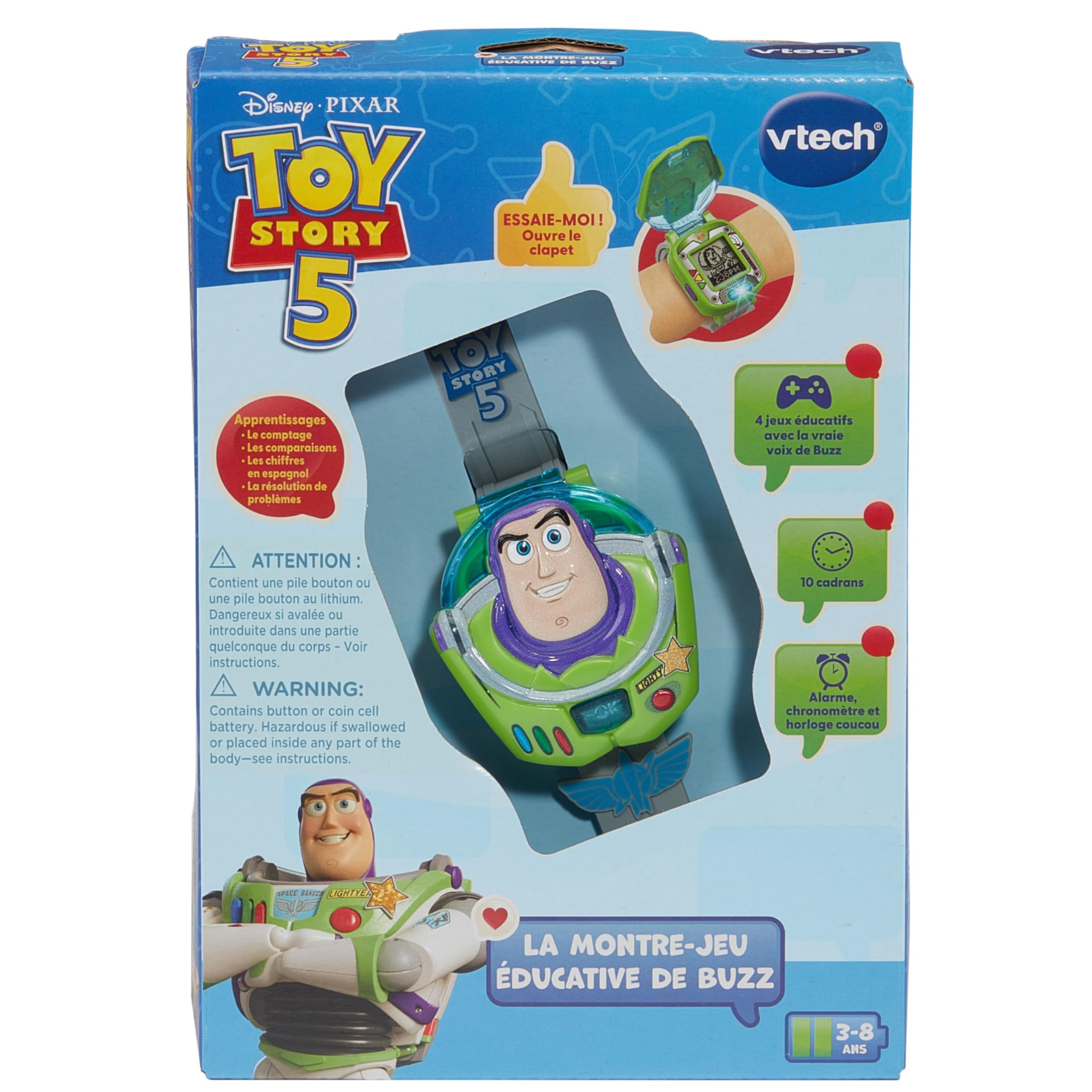 VTech - Toy Story 5, L'Orologio da Gioco educativo di Buzz - Orologio Toy Story con Schermo Animato, Cinturino Regolabile, 10 quadranti, 4 Giochi - Buzz la Luce parlante - Regalo per Bambini dai 3