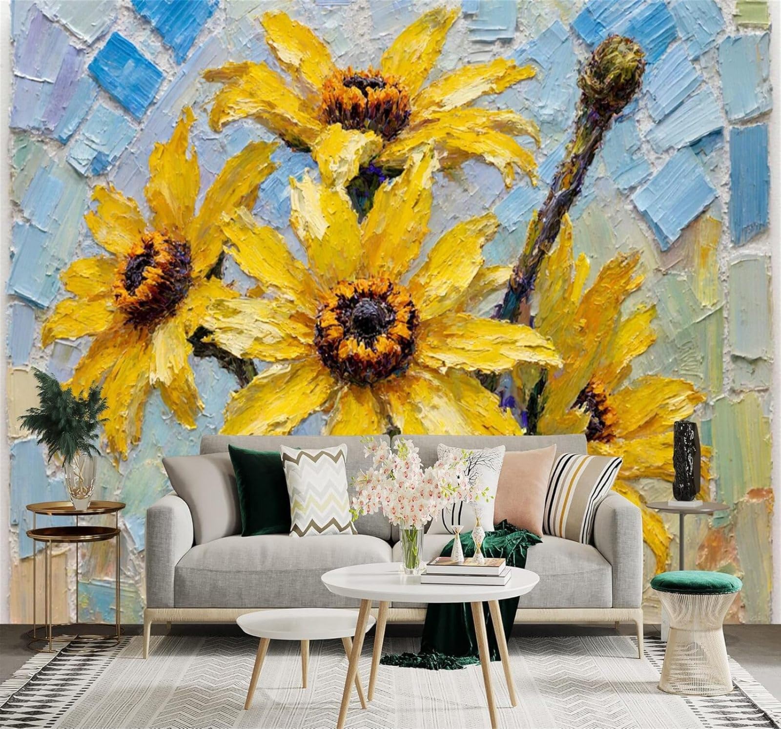 XLMING Hand Drawn Yellow Sunflowers Floral Art 3D Wallpaper Premium Textured Silk Study Dining Living Room Bedroom Sofa TV Wall Easy Install-250cm×170cm