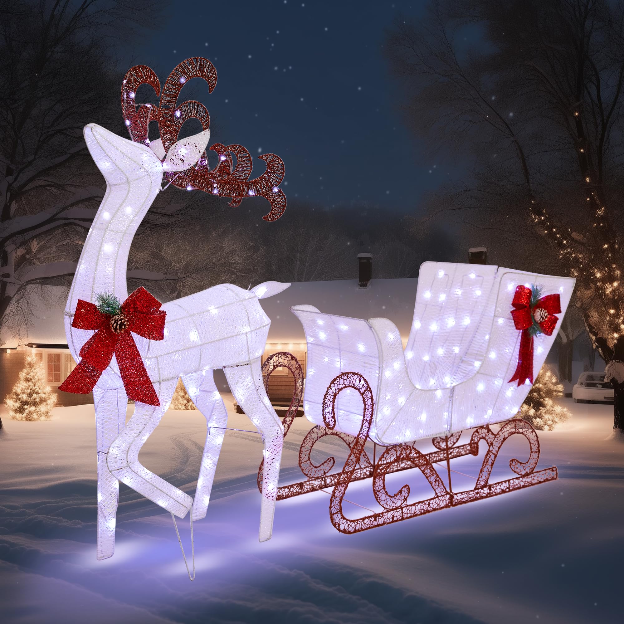 Photo 1 of ***LIGHTS DO NOT WORK*** Cofiyard Outdoor Yard Decoration Reindeer and Sleigh, 200 led Lighted White Christmas Reindeer Sleigh, Christmas Outdoor with Stakes and Zip Ties for Lawn, Xmas, Holiday, Garden Decor