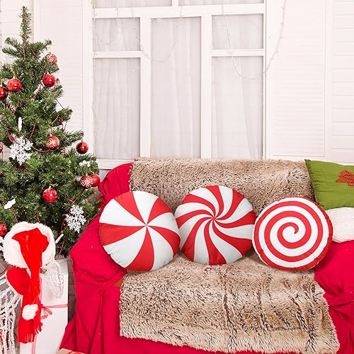 Miniatura 4 de Kigley Juego de 3 almohadas de Navidad con forma de piruleta en espiral roja para el hogar, para dormitorio, cama, sofá, banco, silla, cojín