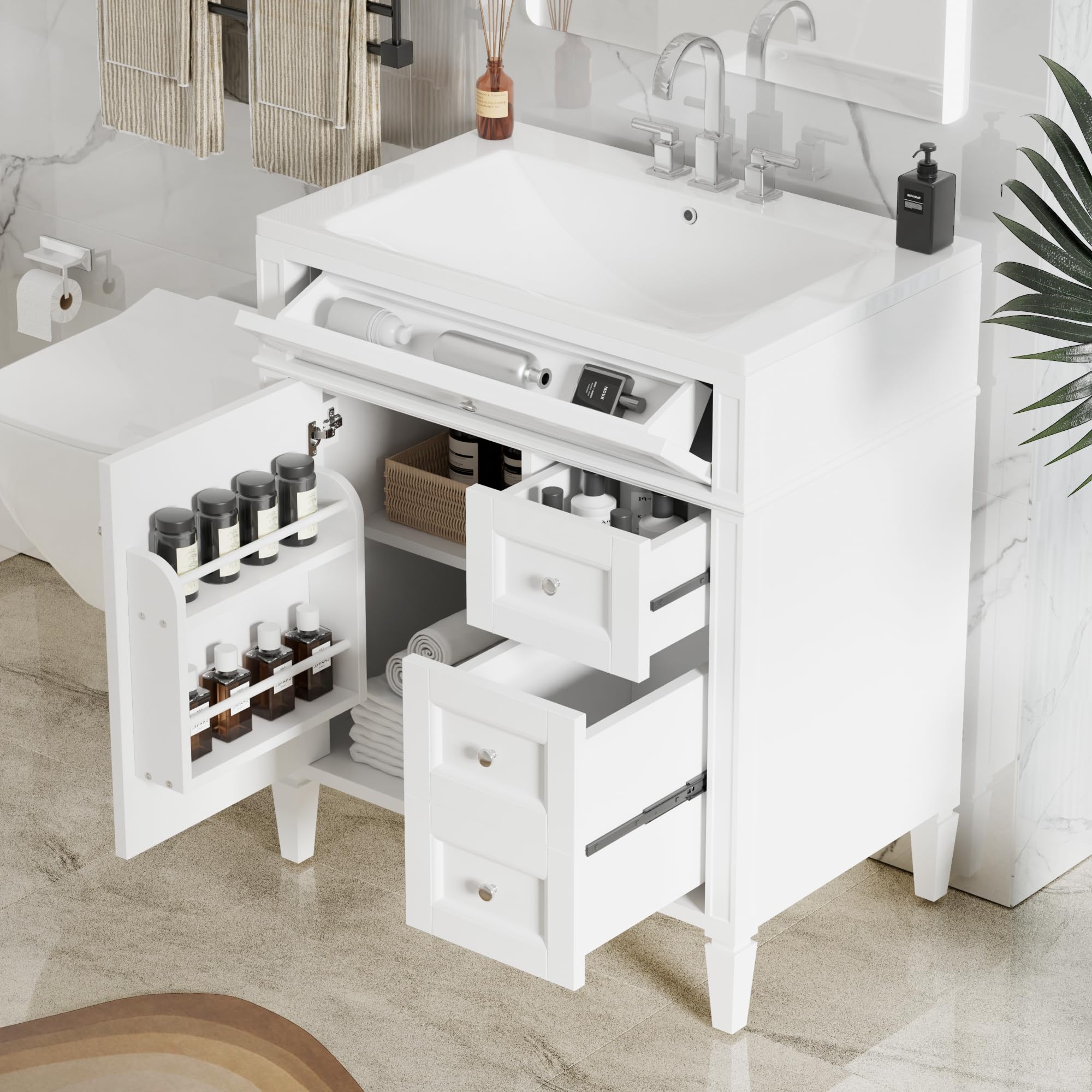 Linique 30" Bathroom Vanity with Sink Combo Set, Solid Wood Frame Bathroom Storage Cabinet with 2 Drawers and a Tip-Out Drawer, Soft Closing Cabinet Door with Organizer, White