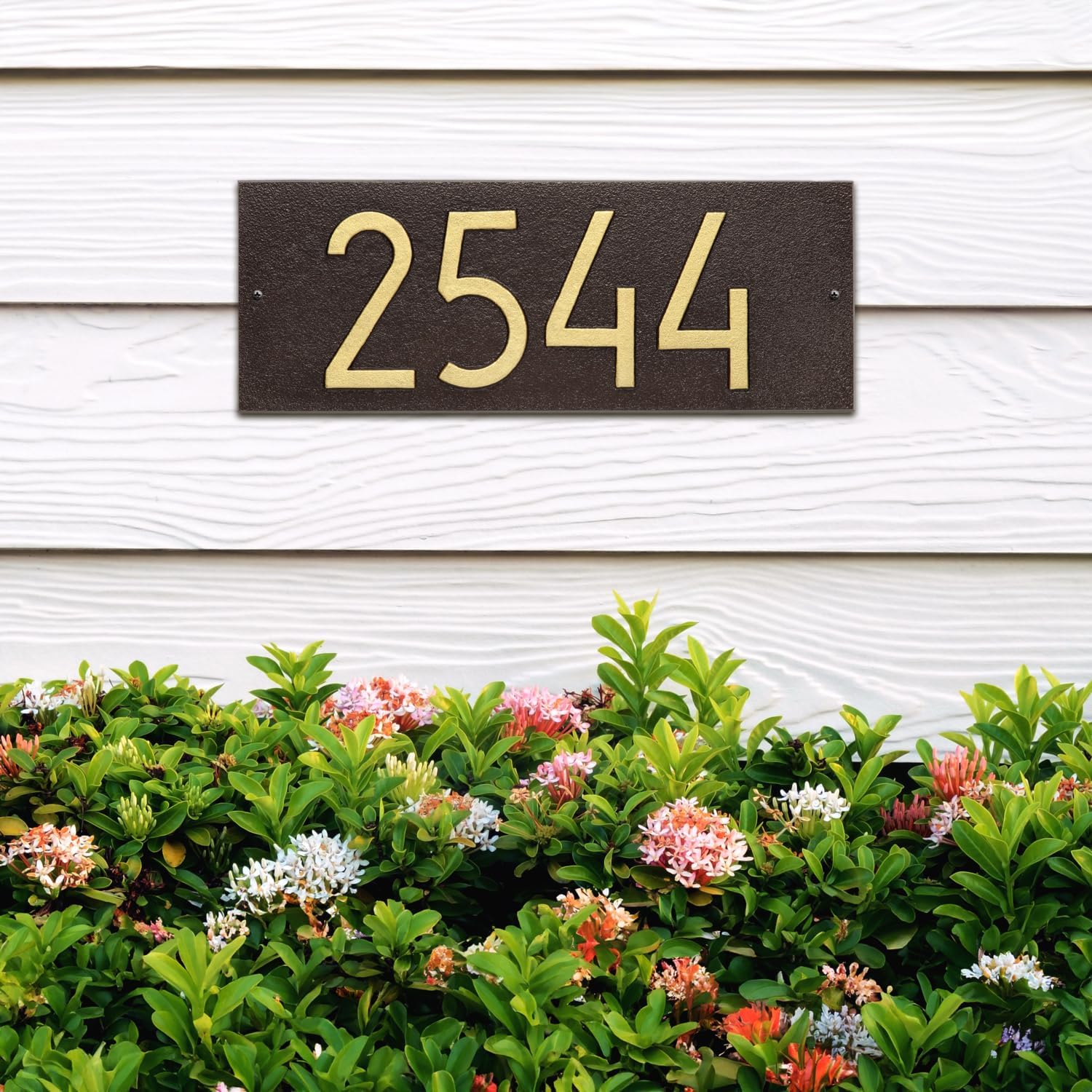 Whitehall Personalized Cast Aluminum Address Plaque, Custom Modern Horizontal House Number Sign, 14.5 x 5.5 inch Rectangle, Dark Bronze with Goldtone Numbers