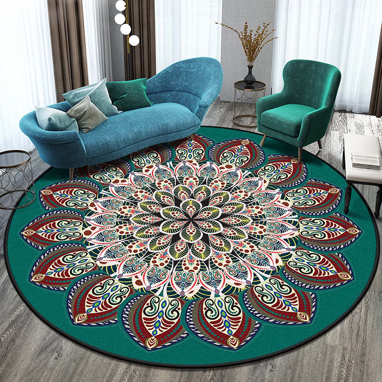 Dhao Tapis Rond Mandala Motif Bohême Moderne pour Salon Chambre à Coucher Cuisine Lavable Grands Antidérapant Tapis Diamètre: 140 cm