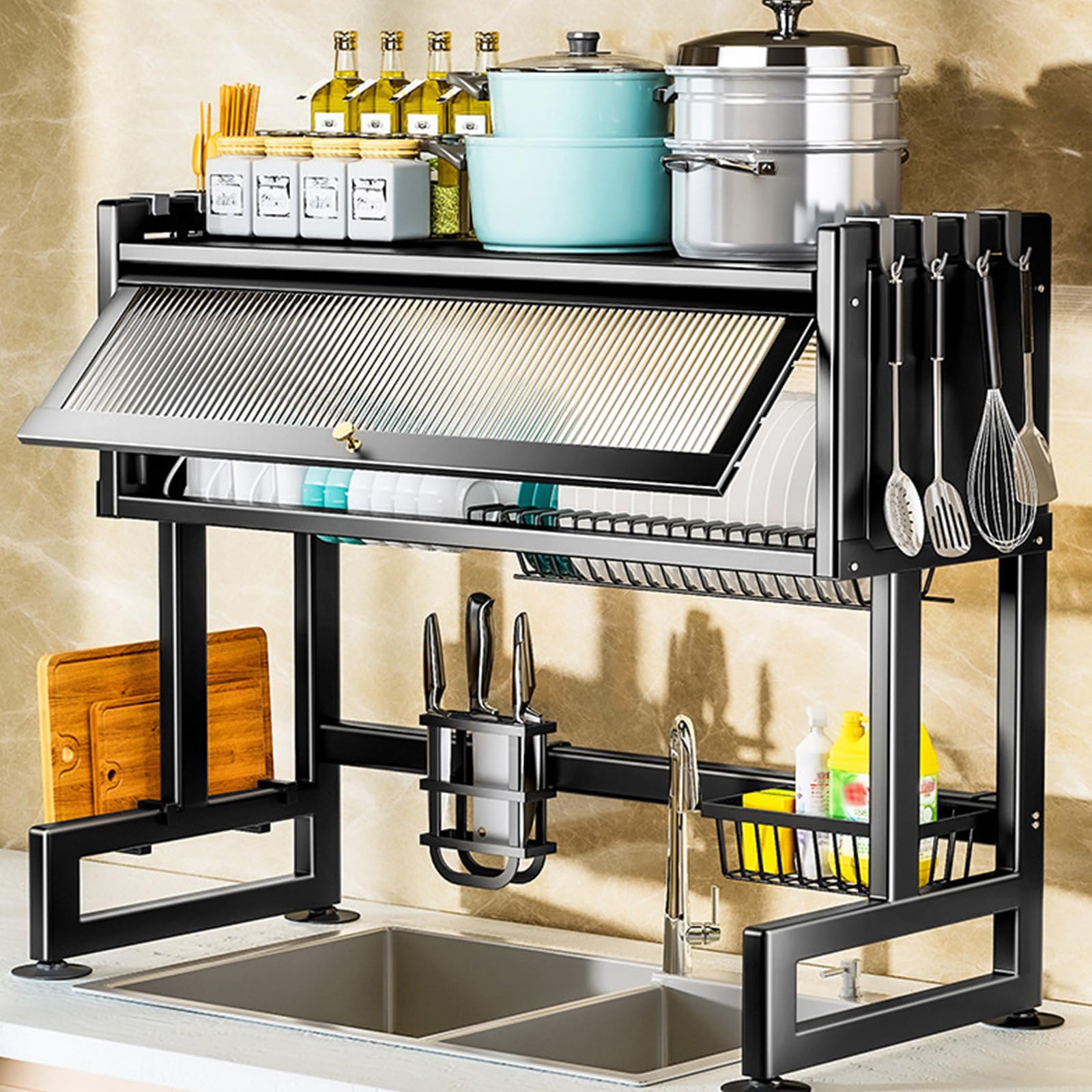 Escurreplatos para fregadero – Escurridor de platos de gran capacidad con 6 ganchos, fregadero de cocina para utensilios de cocina, tabla de cortar, elegante diseño negro