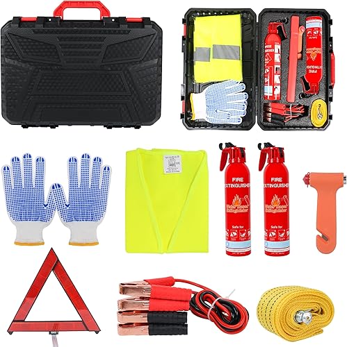 Kit de seguridad de emergencia para automóvil en carretera, herramientas de asistencia automotriz con 2 extintores de incendios, cables de puente,