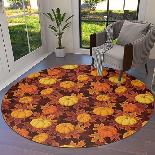 Miniatura 9 de Alfombra redonda de otoño de 5 pies, alfombra de calabaza de cosecha otoñal, alfombra suave para sofá, cuarto de bebé, alfombra de área para