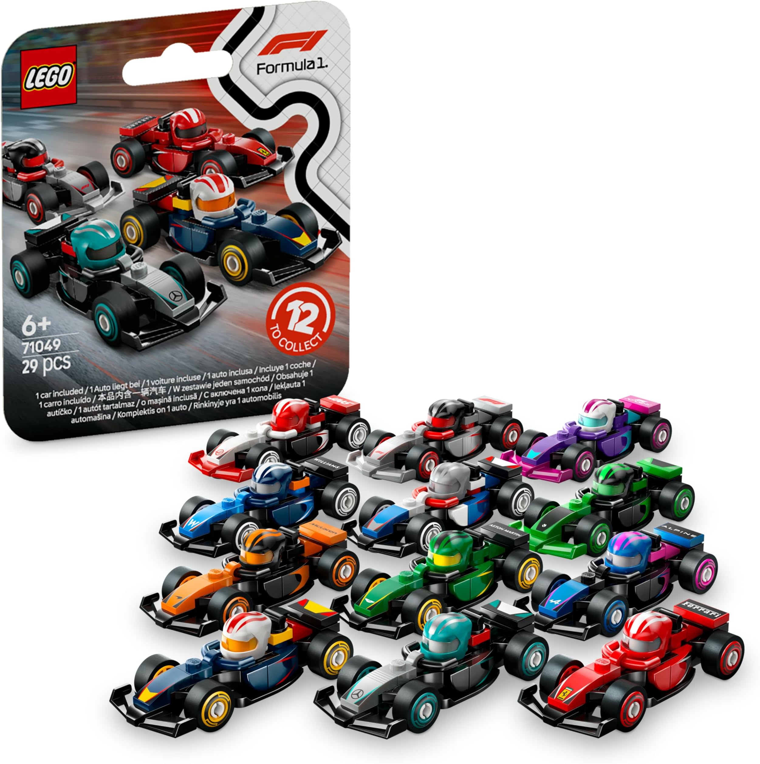 LEGO F1 Collectible Race Cars Toys - Get 1 of 12 Mini Car Models with Drivers Helmets & Moving Wheels - Formula 1 Teams incl. Ferrari, Mercedes, McLaren, Red Bull - Mystery Box - 71049