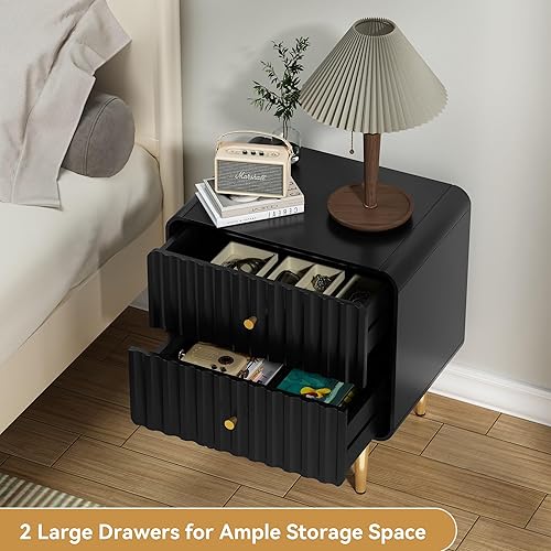 Miniatura 5 de HLR Juego de 2 mesitas de noche modernas con 2 cajones, mesa auxiliar de cama acanalada negra con mango de metal dorado, mesa auxiliar de madera con