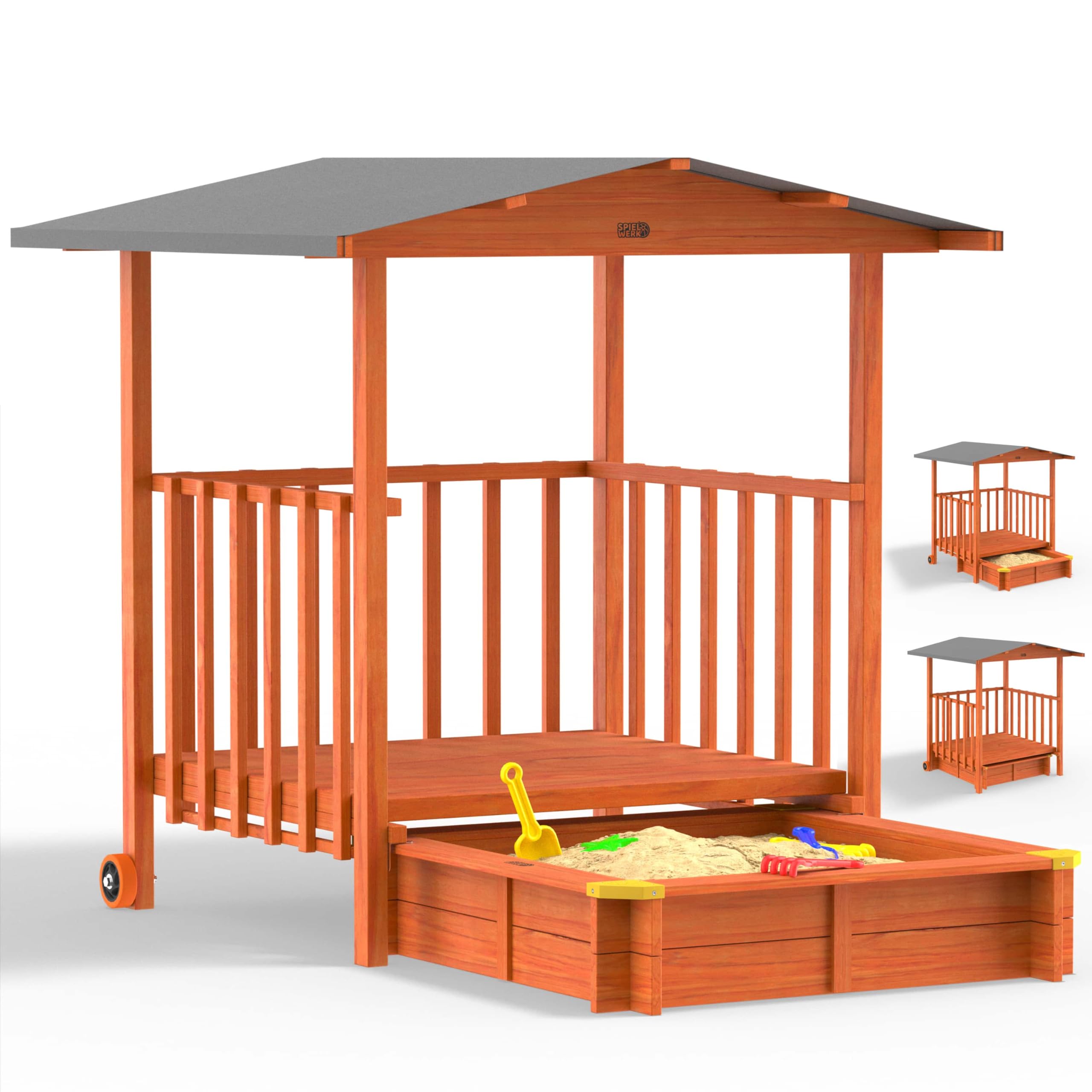 SPIELWERK® Bac à Sable en Bois Merle 143x130x130cm Aire de Jeux cabane Protection UV 50+ Jeu pour Enfants extérieur Jardin