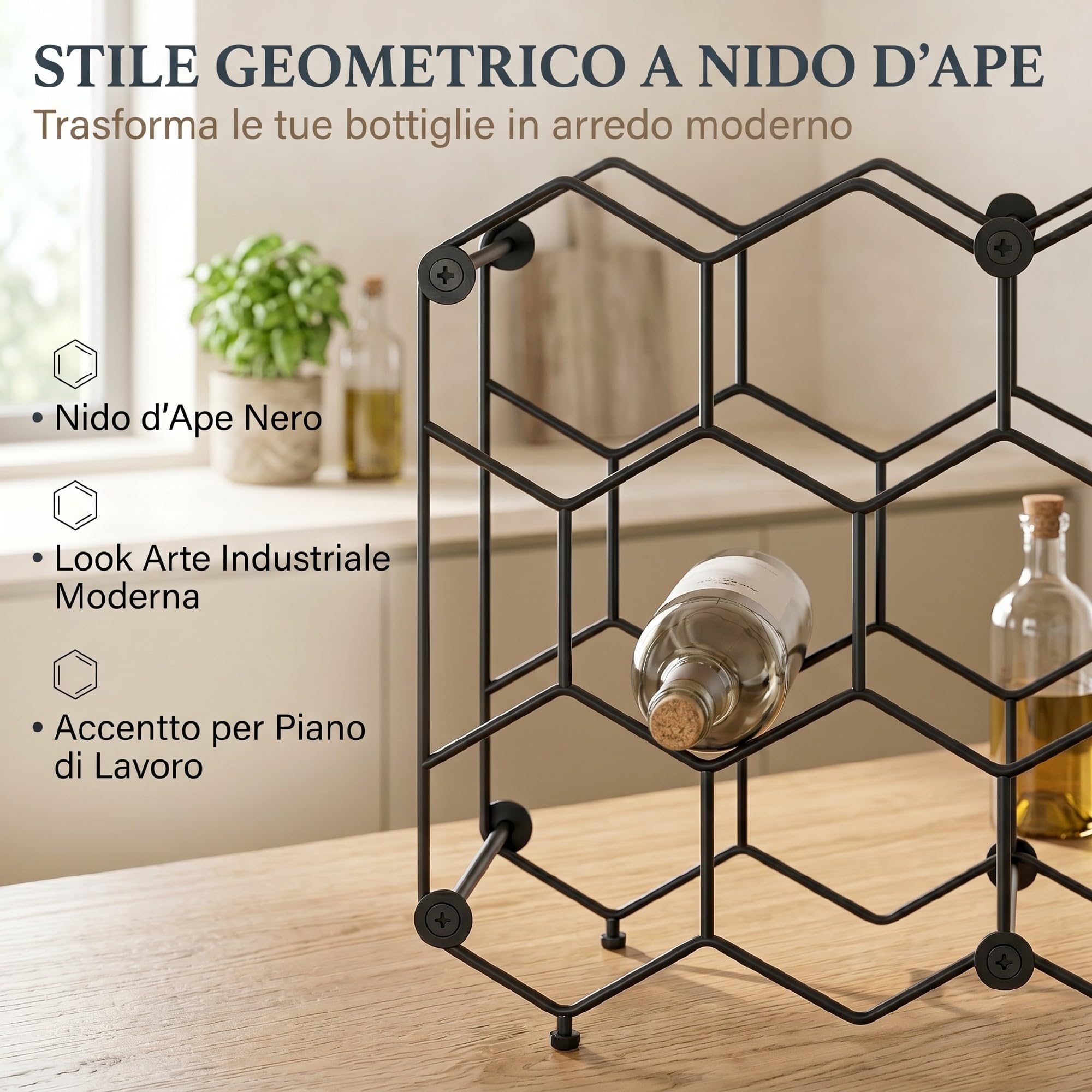 HOMCOM Portabottiglie Design Industriale a Nido d'Ape con Piedini Regolabili e Cinghia Antiribaltamento, Porta Vino per 13 Bottiglie per Cucina, Bar di Casa e Mobiletto, Nero