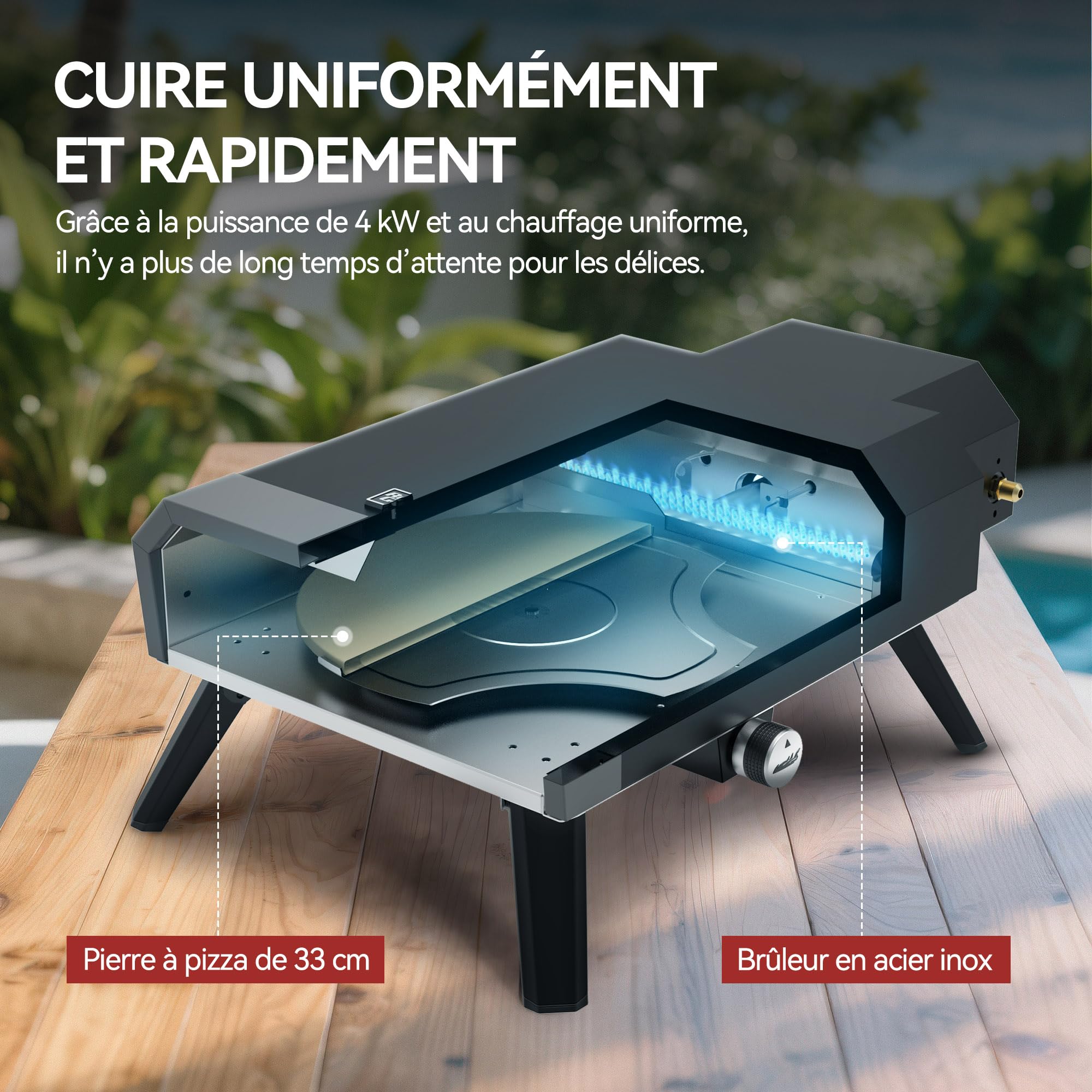 Royal Gourmet Four à Pizza Gaz Extérieur, Barbecue à Pizza de 4 KW avec Pierre Pizza de ⌀33 cm, Allumage Automatique et Pieds Pliables pour Le Jardin, Le Camping, Noir
