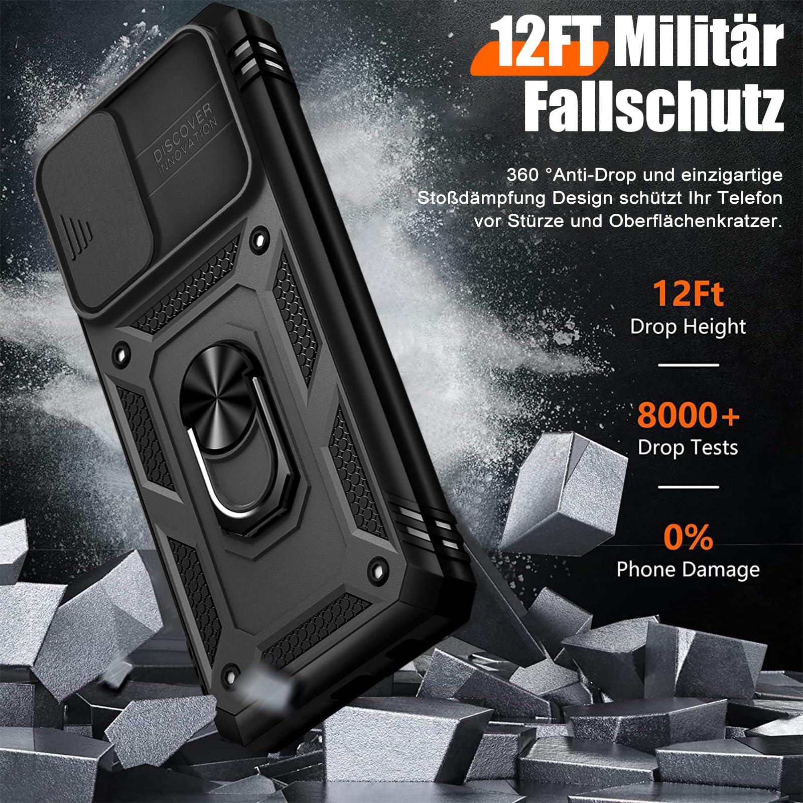 Giyer Cover per Samsung Galaxy A35 5G Custodia con Vetro Temperato, Antiurto Grado Militare 360° Anello Supporto Armor Bumper Case, Antiurto per Samsung A35 5G Cover (Nero)