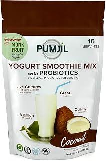 Pumjil Coconut Yogurt Smoothie Mix, Sugar-Free Sweetened with Monk Fruit, 8 Billion Probiotic Live Cultures, 14 Strains in 4 Blends, Non-GMO, Gluten-Free, Resealable 4oz Bag, 16 Servings