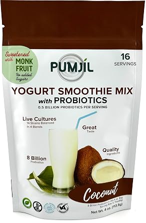 Pumjil Coconut Yogurt Smoothie Mix, Sugar-Free Sweetened with Monk Fruit, 8 Billion Probiotic Live Cultures, 14 Strains in 4 Blends, Non-GMO, Gluten-Free, Resealable 4oz Bag, 16 Servings