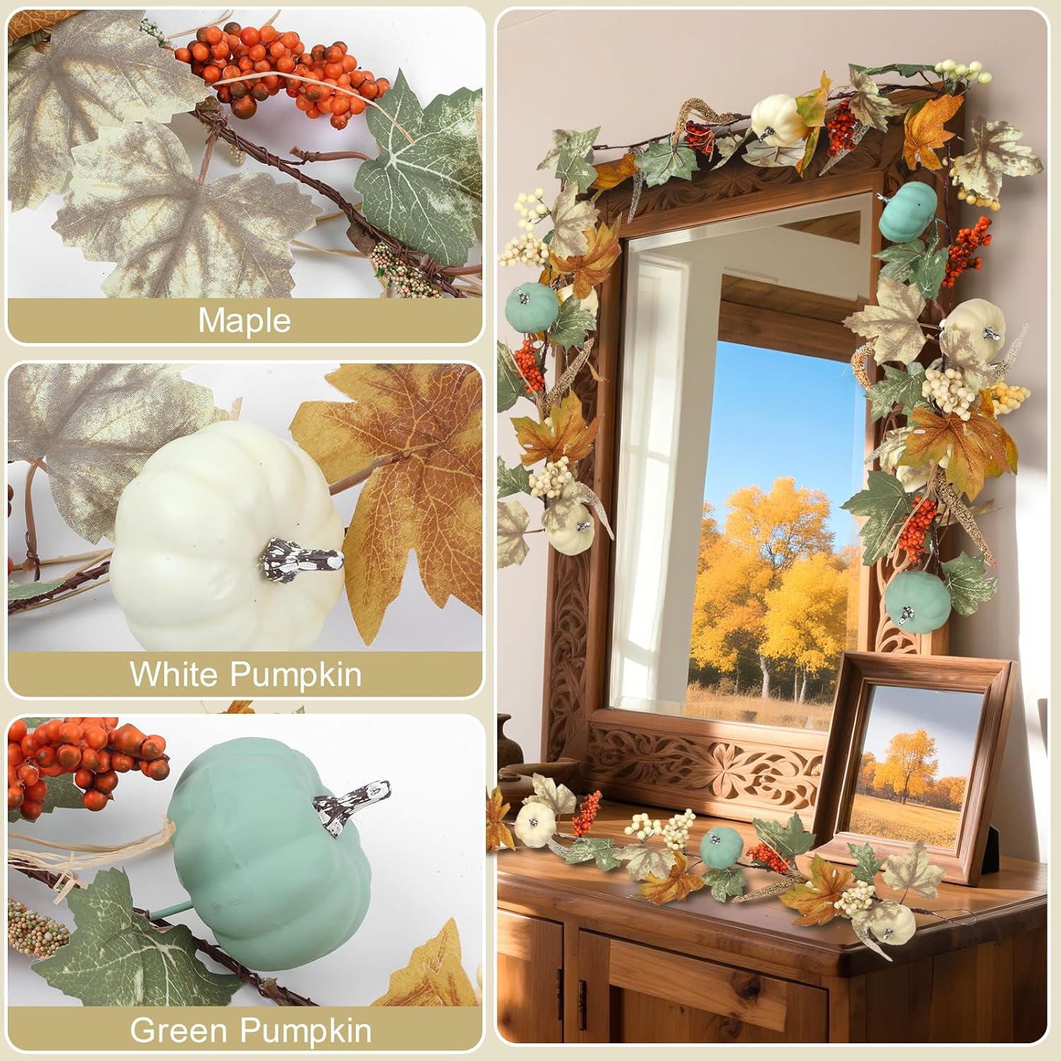 2PCS Fall Garland for Mantle, 5 ft, Artificial Autumn Leaves with White and Blue Pumpkins, Orange Berries, Farmhouse Fall Decorations for Fireplace, Front Door, Wall, Wedding, Thanksgiving