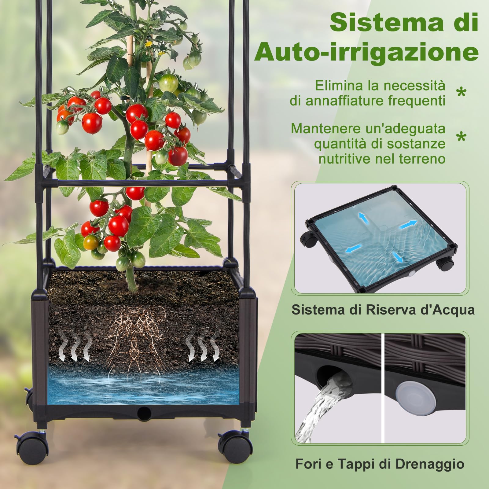 COSTWAY Fioriera con Grigliato e Auto-irrigazione per Piante Rampicanti | Letto Rialzato con Spalliera in Tubo Acciaio Rivestito in Plastica, Altezza Regolabile e Ruote da Interno ed Esterno