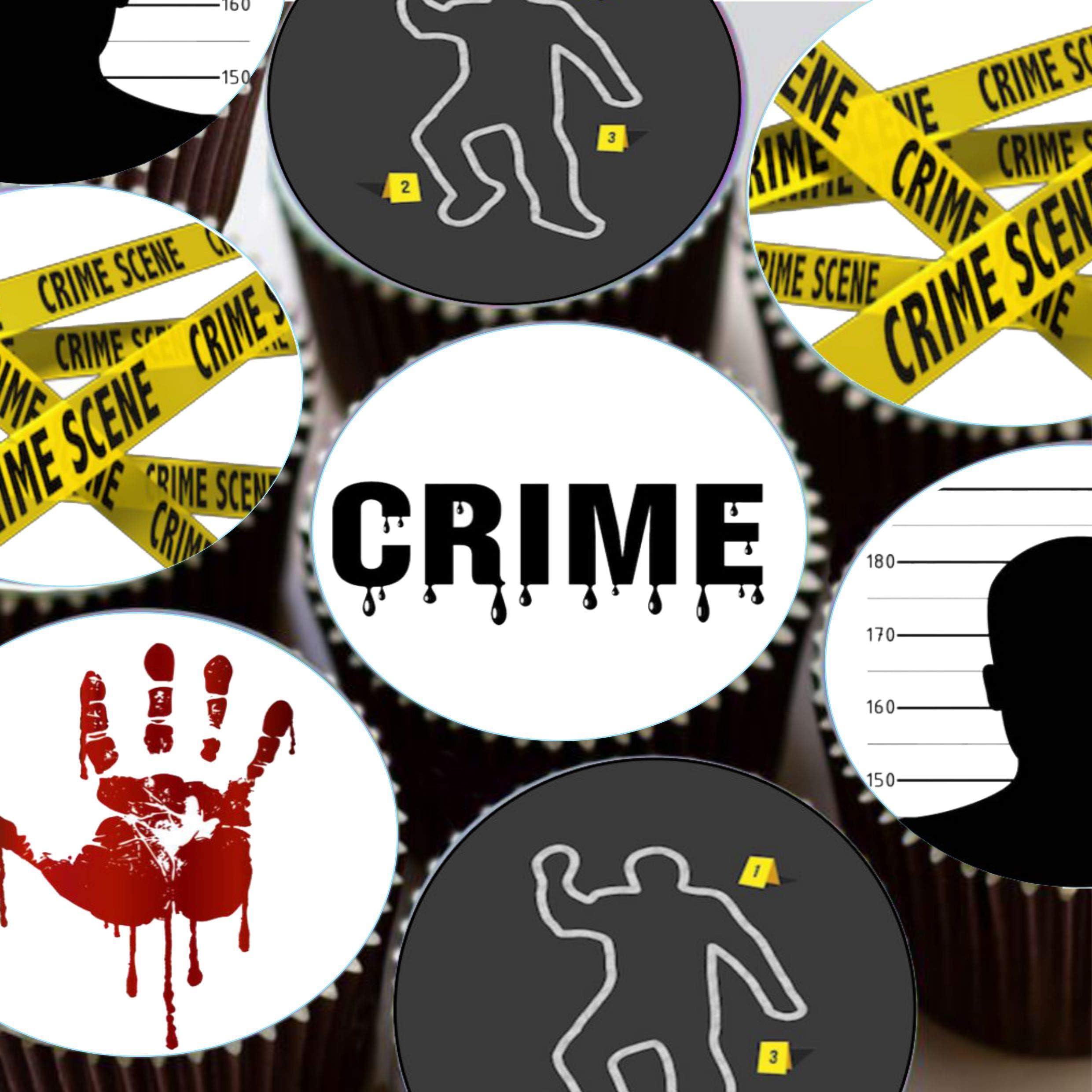 24 fondant icing pre-cut Crime Scene, Murder Mystery themed round pre-cut edible cup cake topper decorations