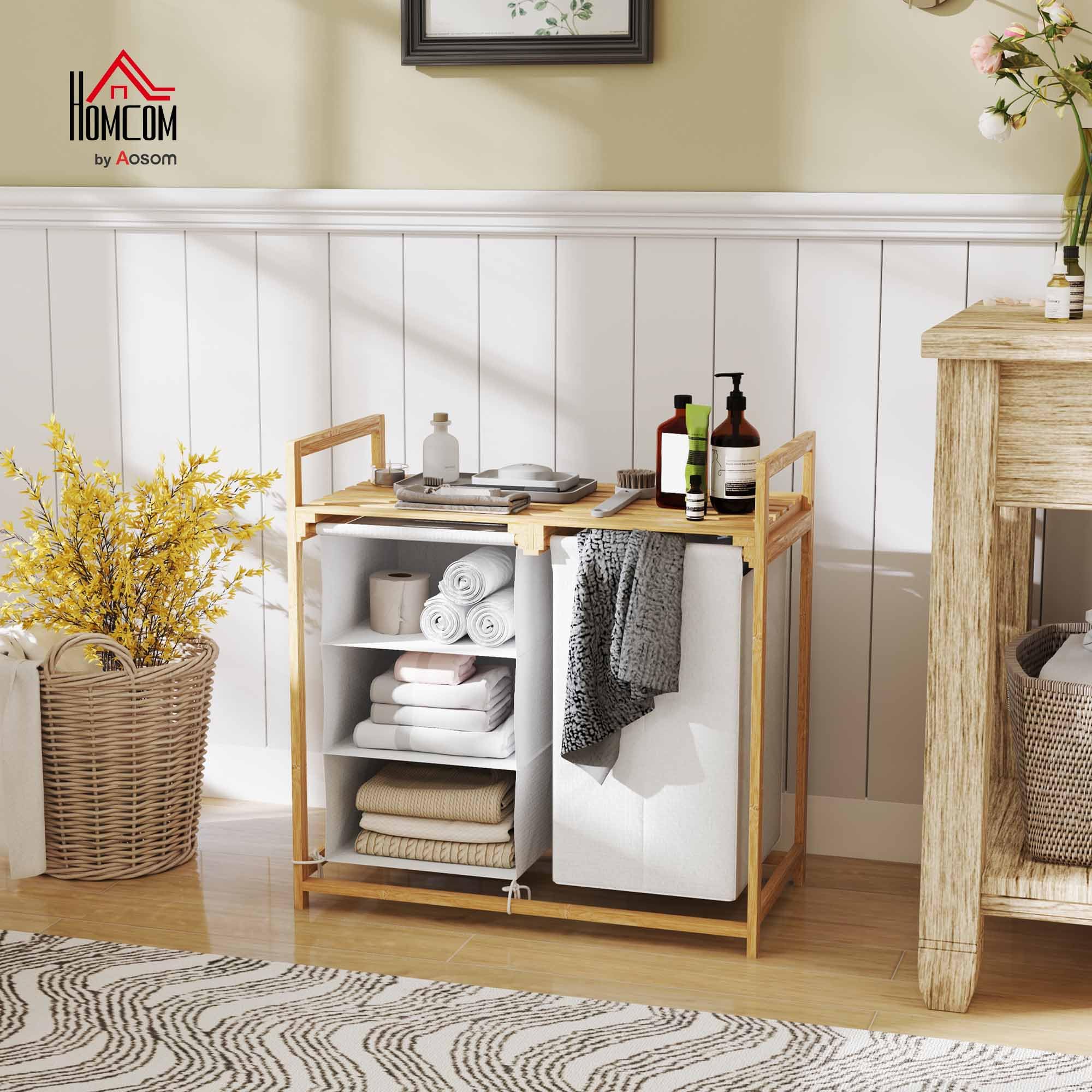 HOMCOM Wäschekorb 4 Fächer Bambus 83L mit Ablage Griff 70 x 36 x 70 cm Weiß | 2 Ausziehbare & Abnehmbare Wäschesäcke aus Vliesstoff, Wäschesammler, Wäschebox, Wäschesortierer