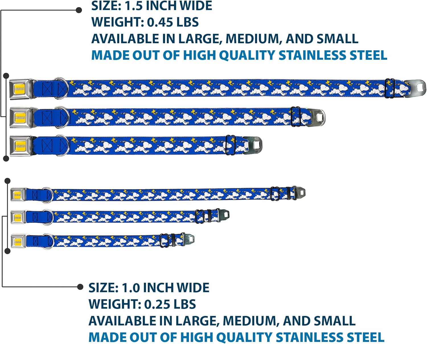 Peanuts Worldwide LLC Pet Collar, Dog Collar Metal Seatbelt Buckle, Peanuts Snoopy Running and Woodstock Pose Blue, 15 to 24 Inches 1.0 Inch Wide