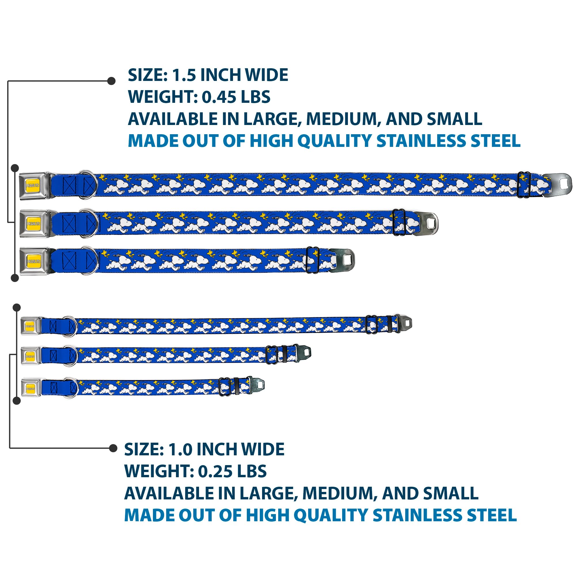 Peanuts Worldwide LLC Hundehalsband, Metall-Sicherheitsgurtschnalle, Peanuts, Snoopy Running und Woodstock Pose, Blau, 40,6 bis 58,9 cm, 3,8 cm breit
