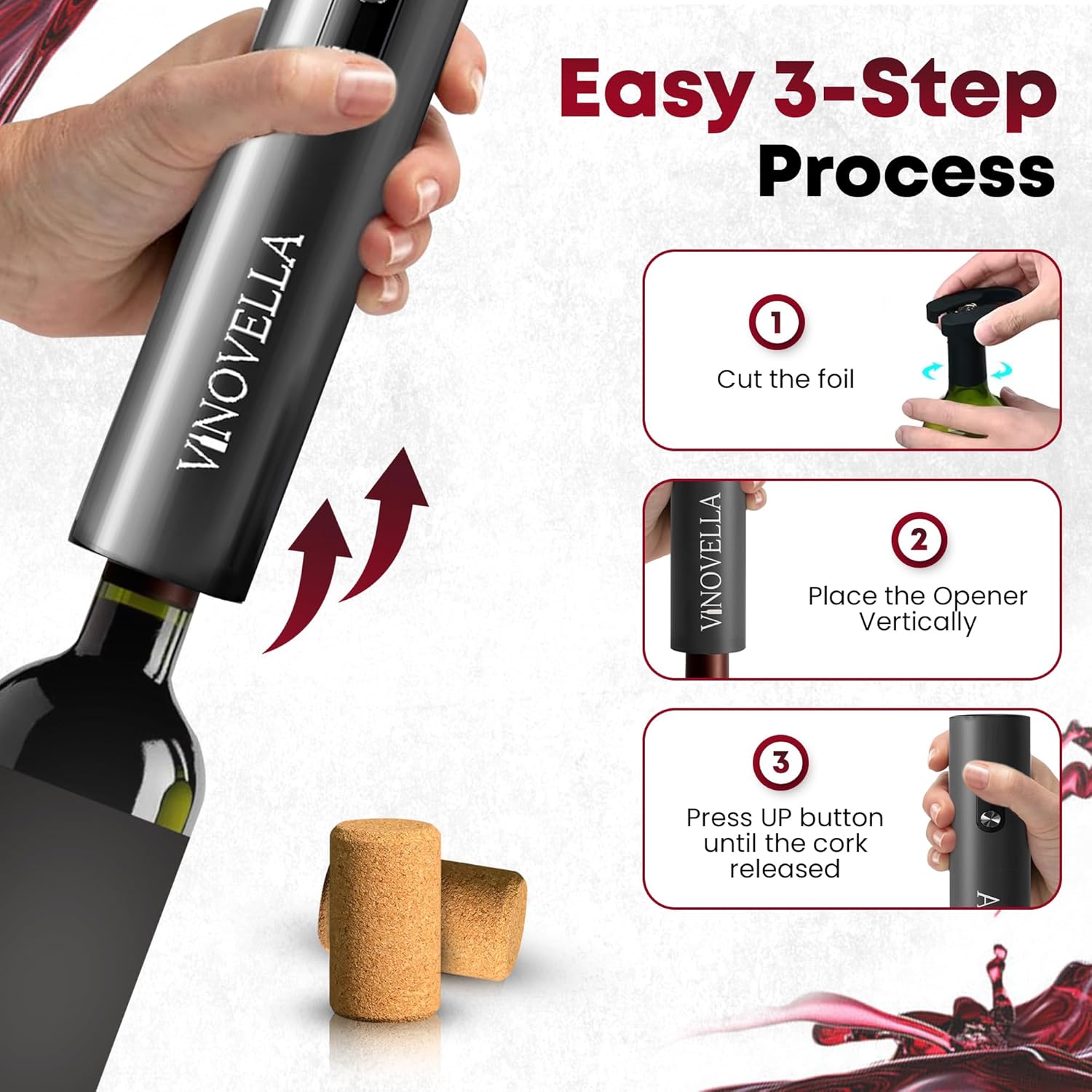 VINOVELLA 4 in 1 Electric Wine Opener Set, Automatic Corkscrew with Foil Cutter, Vacuum Wine Stopper, Wine Pourer, and Storage Base, Best Gift For Wine Lovers