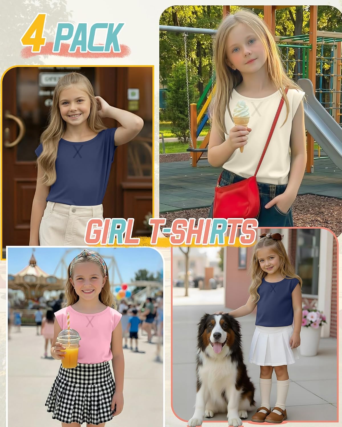 Oakgarden 4 Pack Girls' Cap Sleeve T Shirts Summer Kids Crew Neck Tank Tops Casual Loose Fit Blouse Tee 5-14 Years