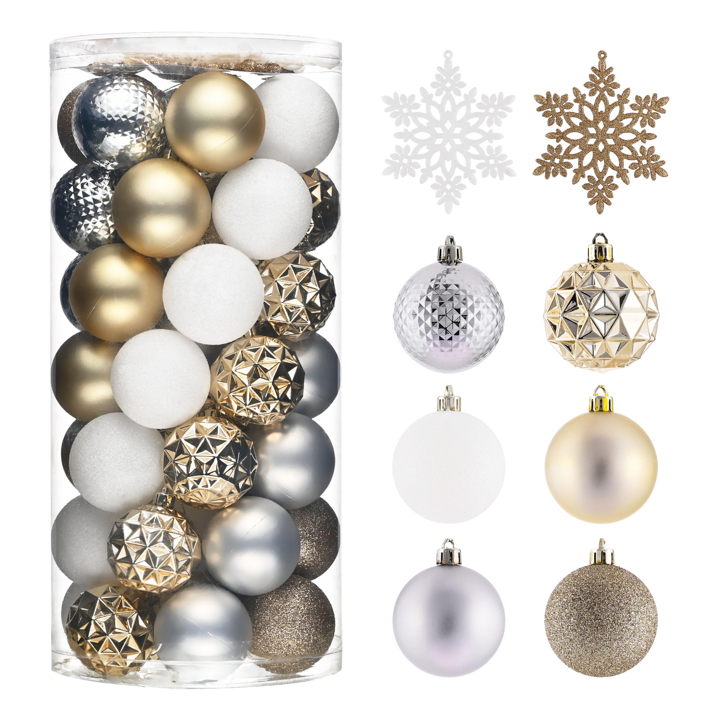 Valery Madelyn 50pcs Weihnachtskugeln Kunststoff mit Aufhänger,5cm Weiß Gold Weihnachtsbaumschmuck für Weihnachtsdeko,mit Bruchsicher Schneeflocken Hängende,Deko Weihnachten