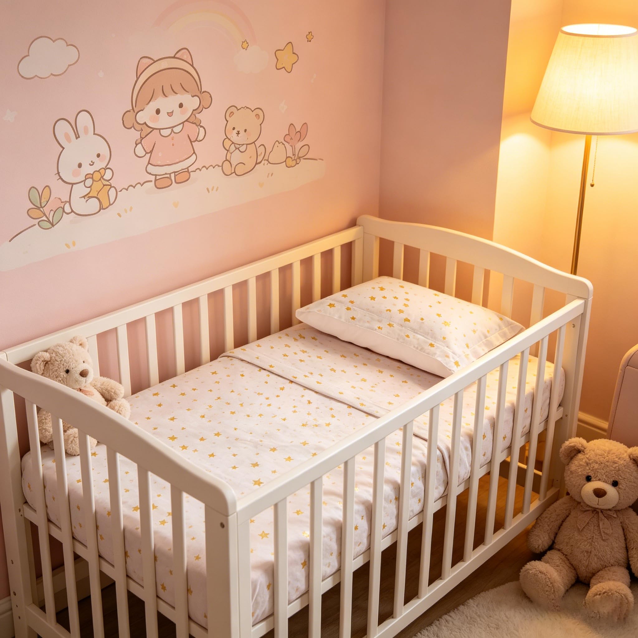 various Set Lenzuola Lettino Neonato 60x120 cm, 100% Cotone Extra Morbido, Include Lenzuolo con Angoli, Lenzuolo Sopra e Federa, Biancheria Letto Bambino Traspirante Motivo Stelle Beige