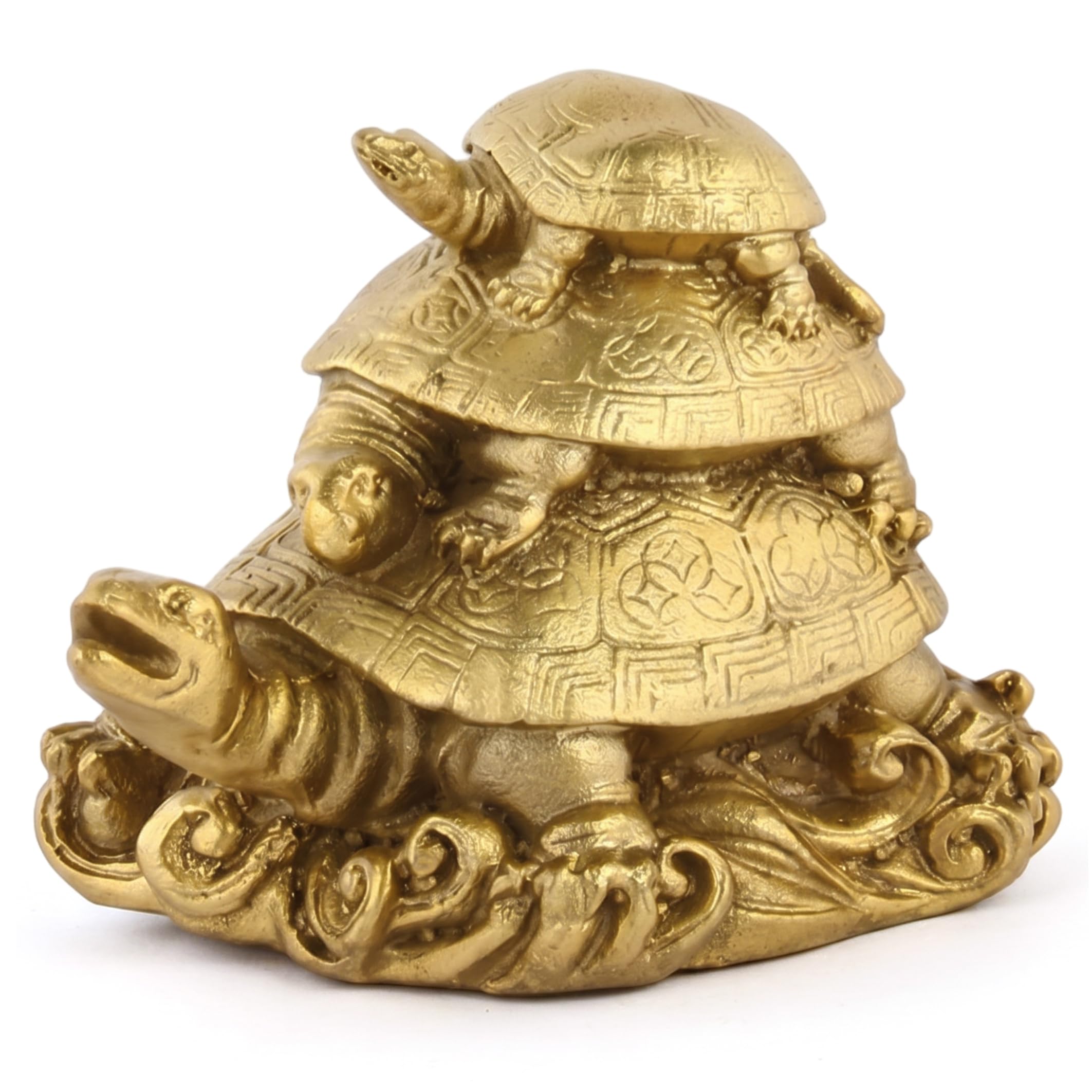Ameble Gold Brass Turtle Statue Stacked Harmony & Wealth Feng Shui Figurine, Pyrite Tortoise Decor for Home Office Desk, Ornament Style-1