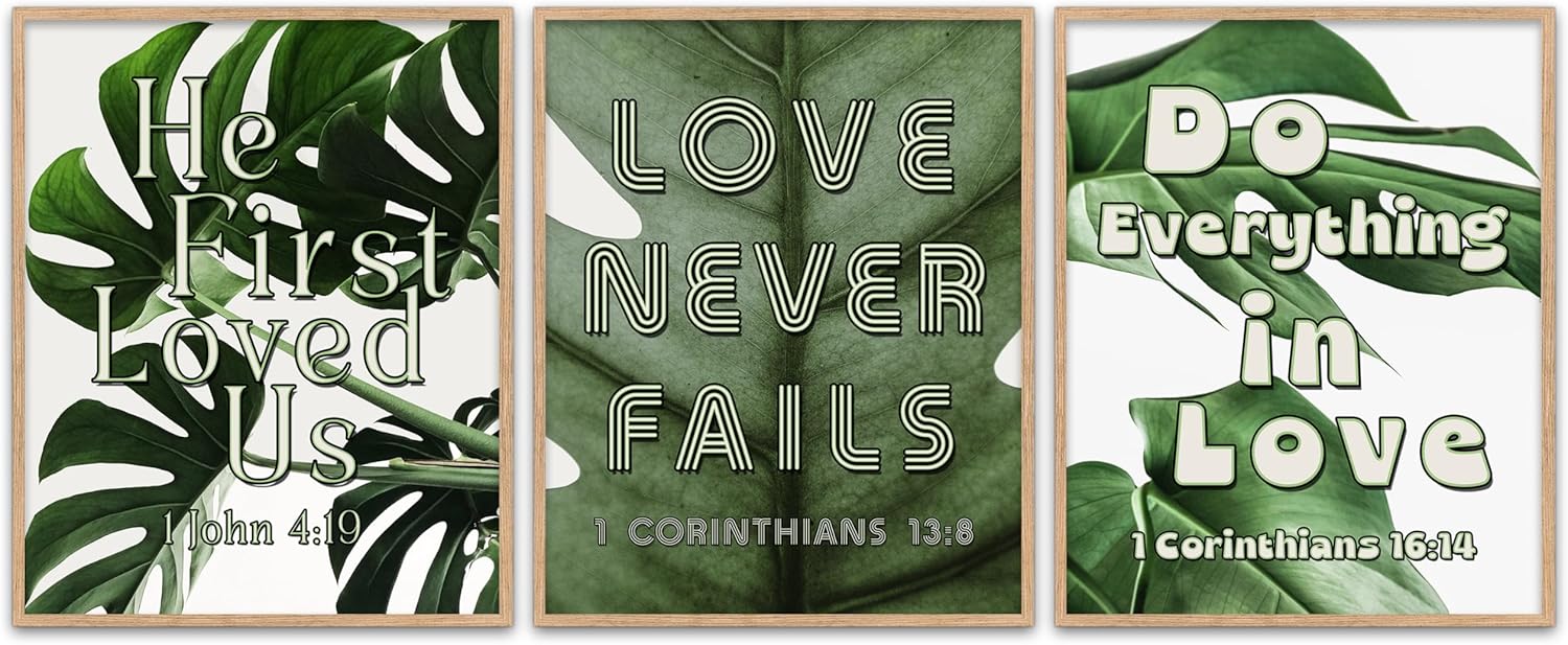 Boho Botanical Bible Verse Photography Prints, Unframed, Set of 3, 1 Corinthians 13:9, 1 Corinthians 16:14, 1 John 4:19, Bohemian Plant Home and Wall Room Decor (16x20)