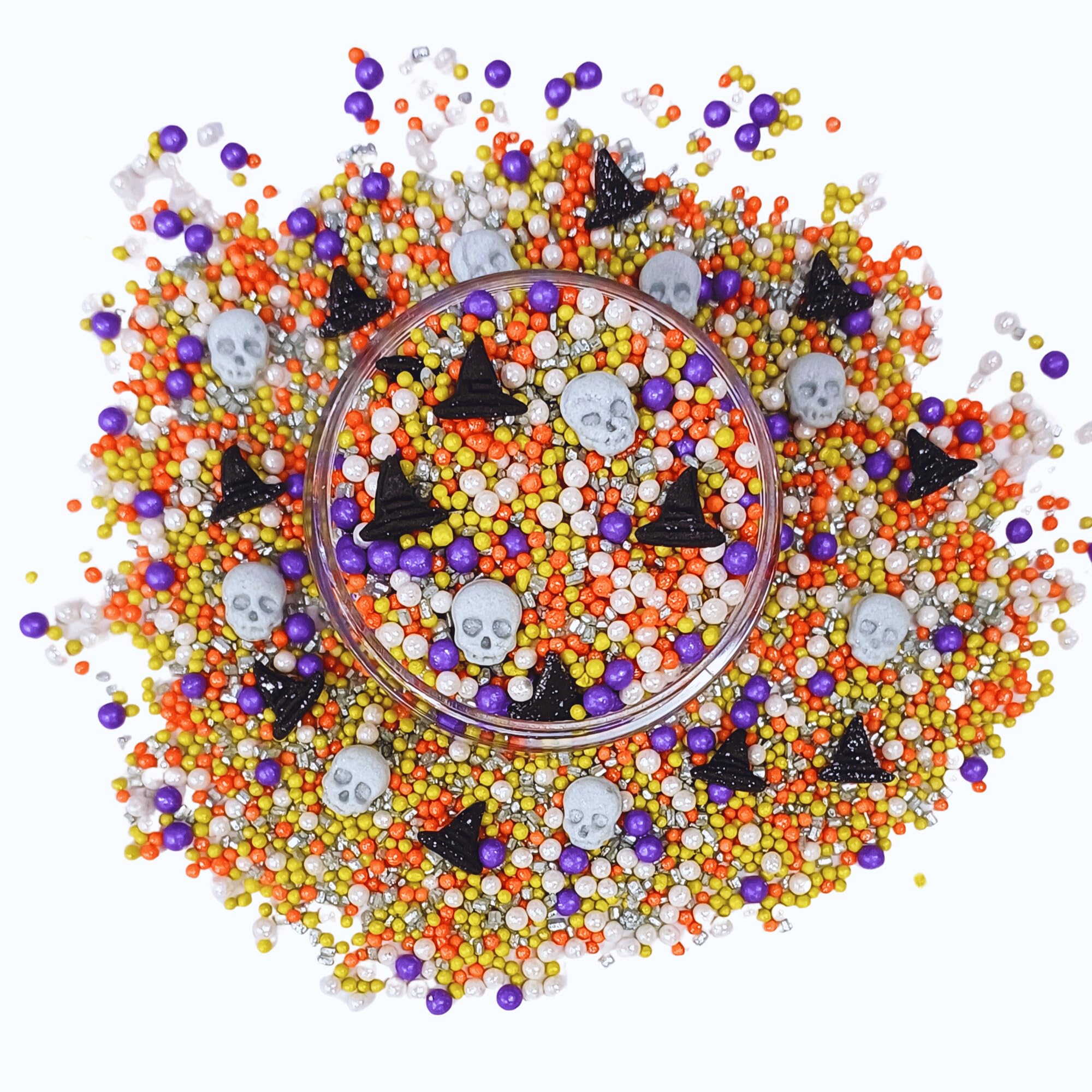 Confect Mix Lime Green, Purple, White & Orange Pearls Sprinkles | Silver Skulls & Witch Hats Spooky Sprinkles | Halloween Sprinkles | Witches Headstones Sprinkles - 2 Oz