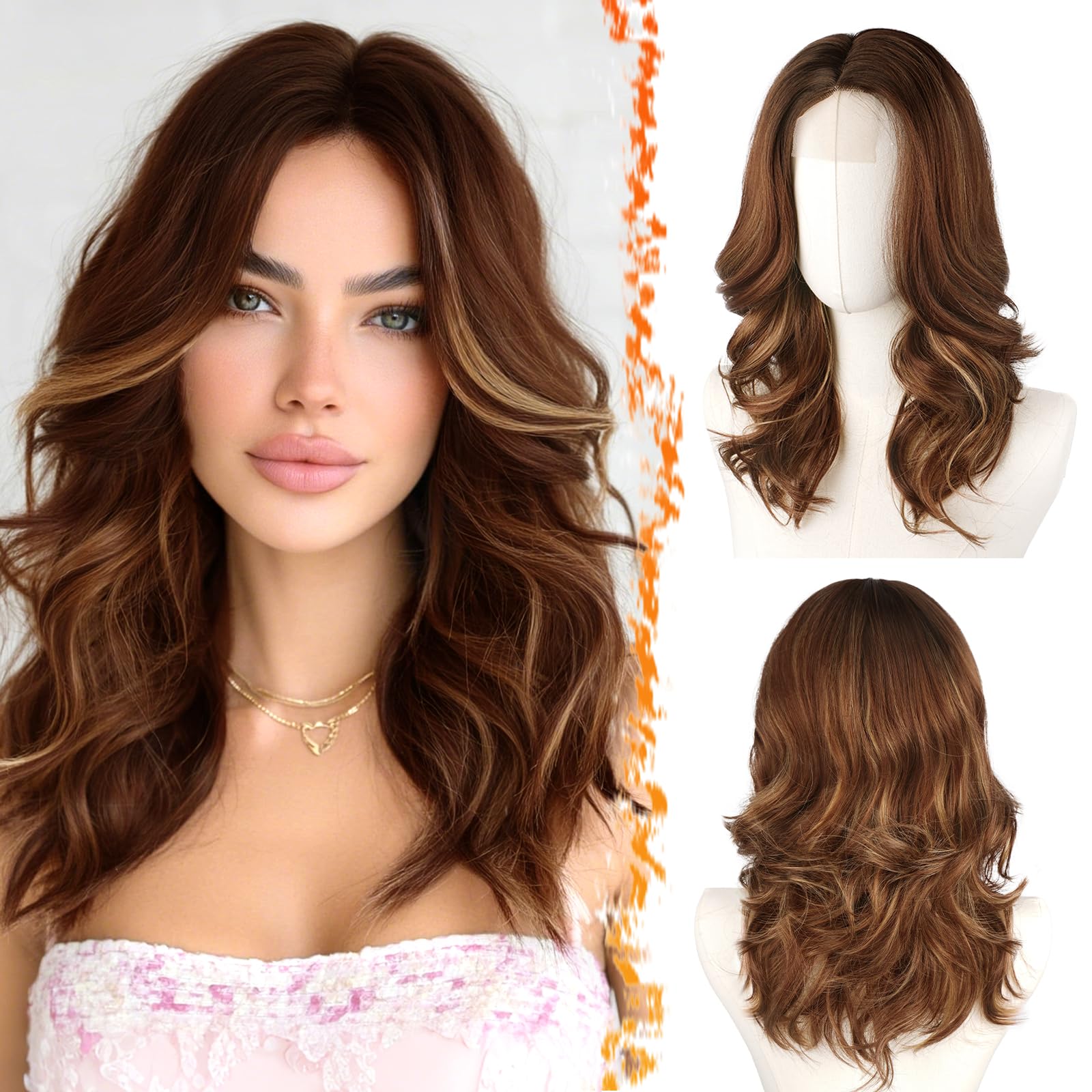 BARSDAR Short Wavy Brown Ombre Layered Wig - Shoulder Length Wavy Brown Wigs for Women - Short Loose Wave Textured Layered Wig with Face-Framing Curtain Bangs Soft Synthetic Natural Looking Daily — view 22