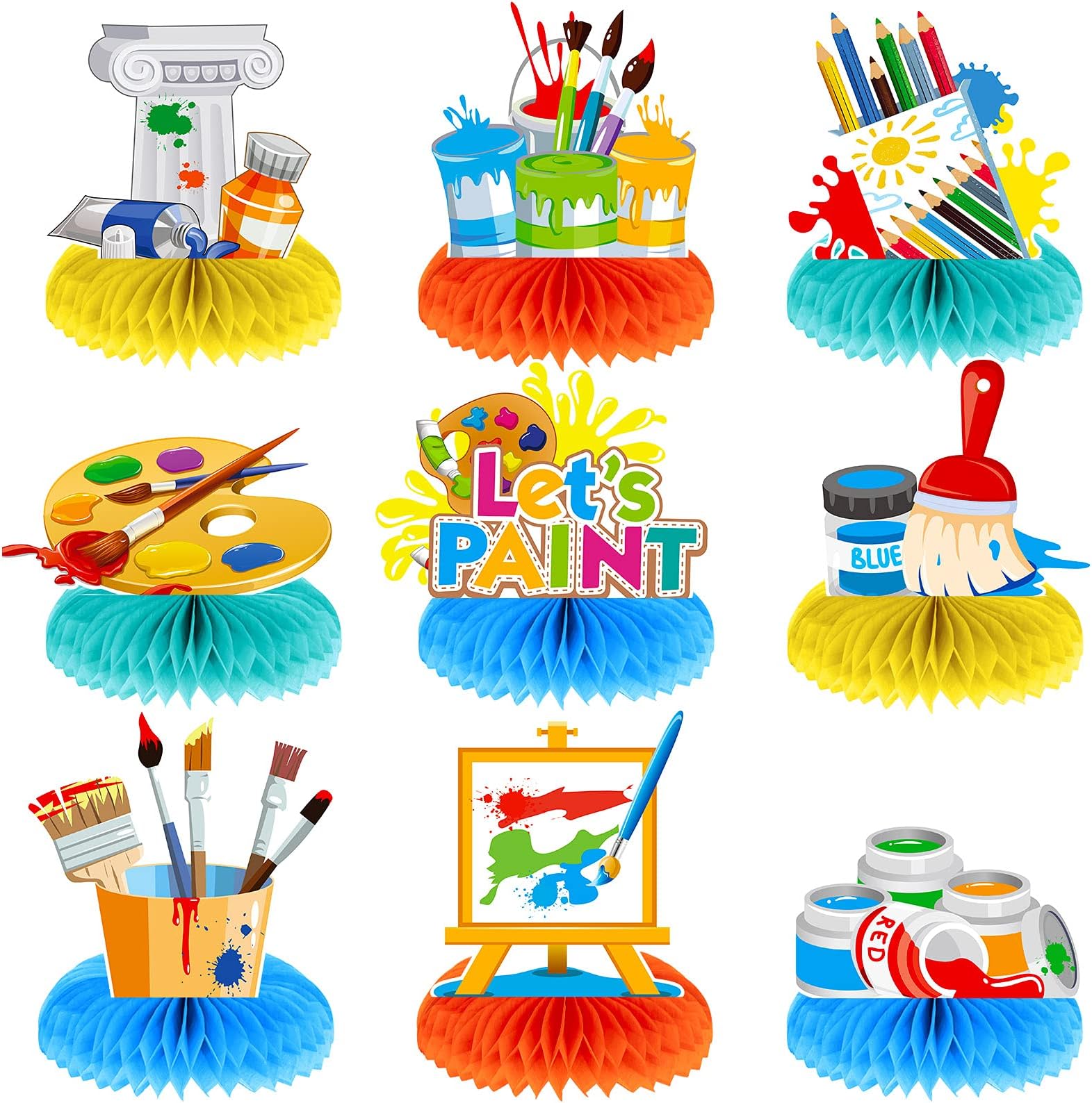 9 Pieces Paint Party Decorations Art Honeycomb Centerpiece Paint Splatter Party Supplies for Art Theme Birthday Baby Shower Decorations