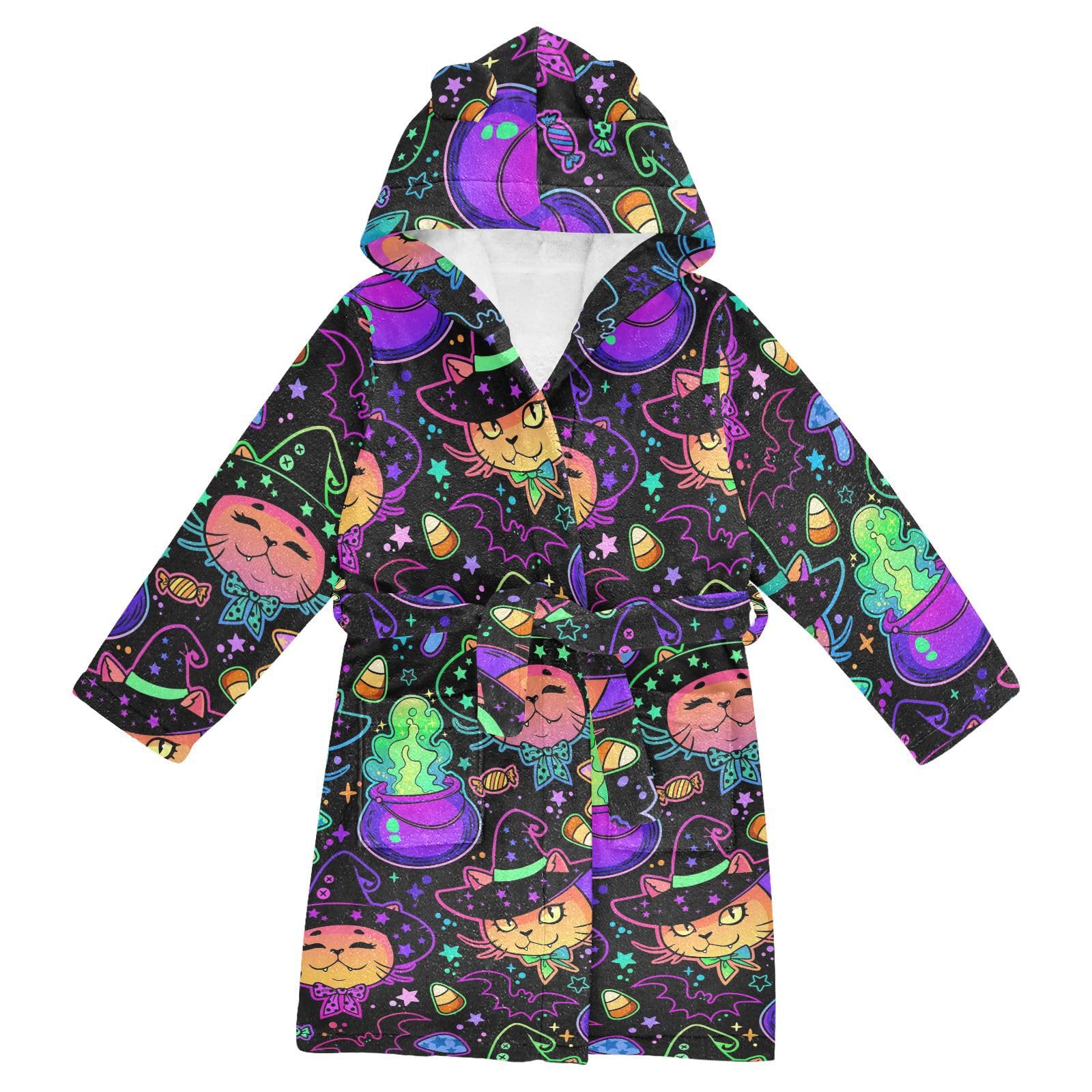 WIFIU Toddler Baby Hooded Bathrobe for Boys Girls Cute Cats and Halloween Theme Printed, Soft Plush Bath Towel Robe with 2 Pockets for 4-6 Years