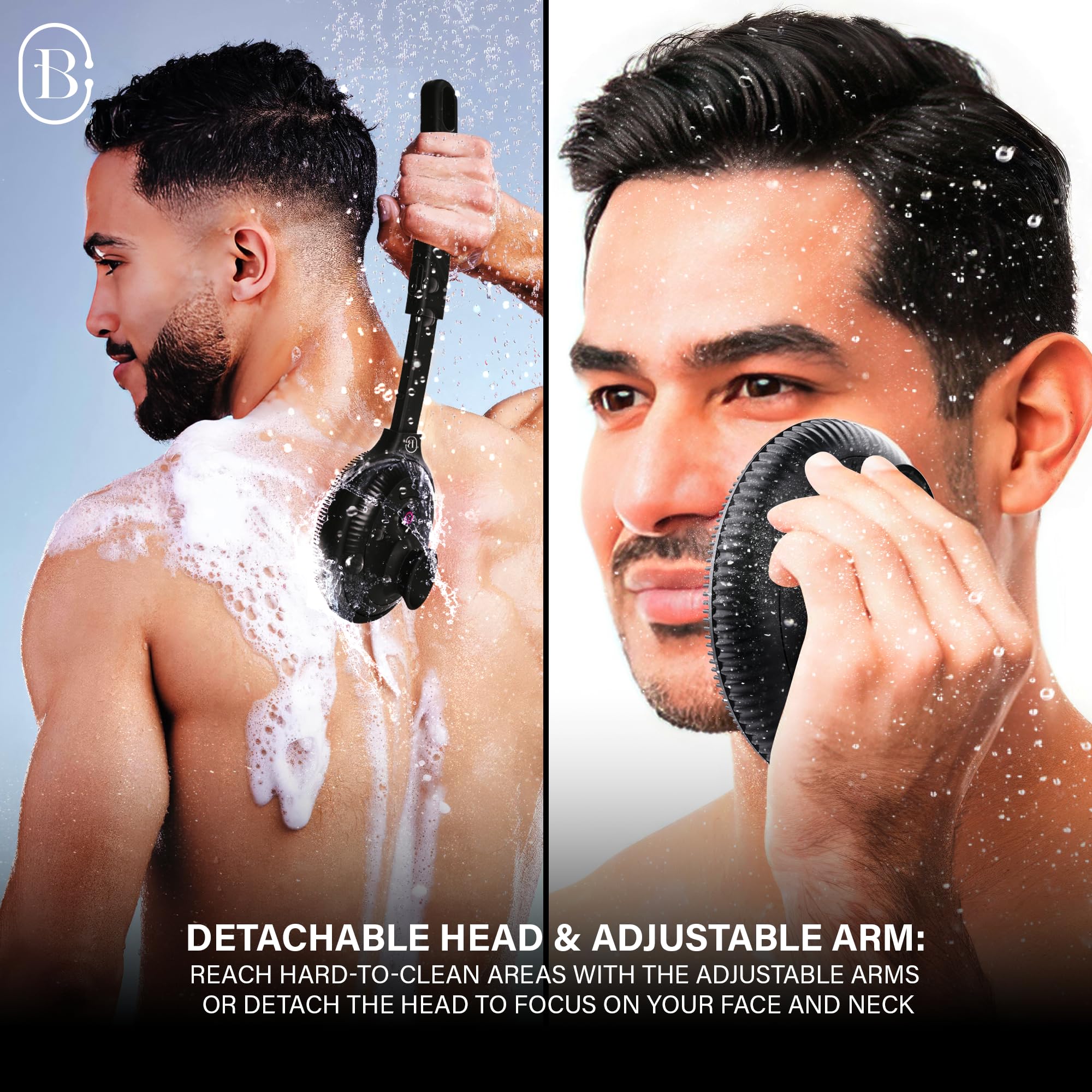 Bella Ciao Limpiador vibratorio de ducha corporal y facial para hombres, 4 modos de vibración, mango extensible, cabezal desmontable, cepillo de masaje de silicona, carga USB-C, IPX7 impermeable