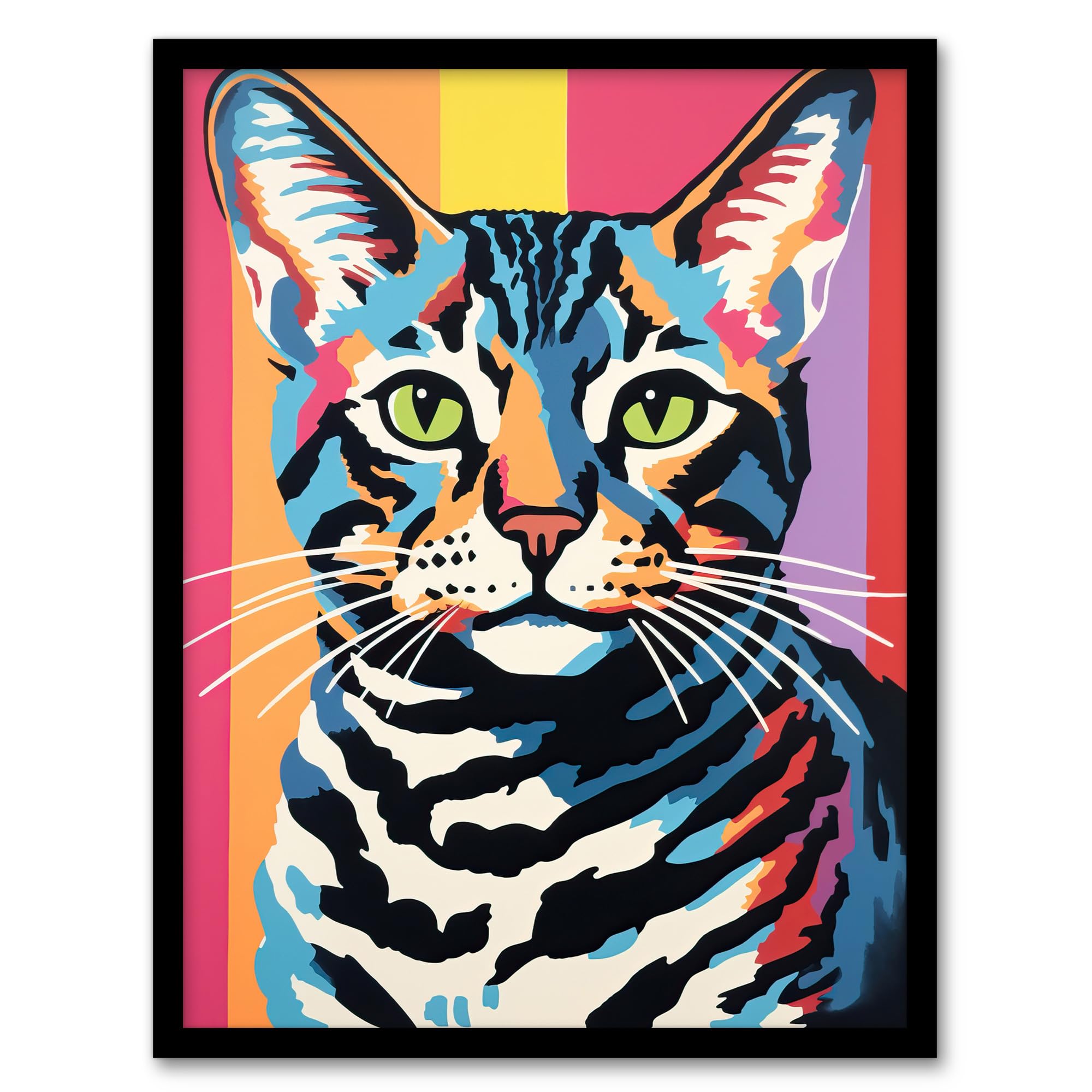 Artery8 Retro Cat Striped Bold Vibrant Screen Print Risograph Artwork Spot Block Colour Duotone Bengal Riso Interior Design Artwork Framed Wall Art Print A4