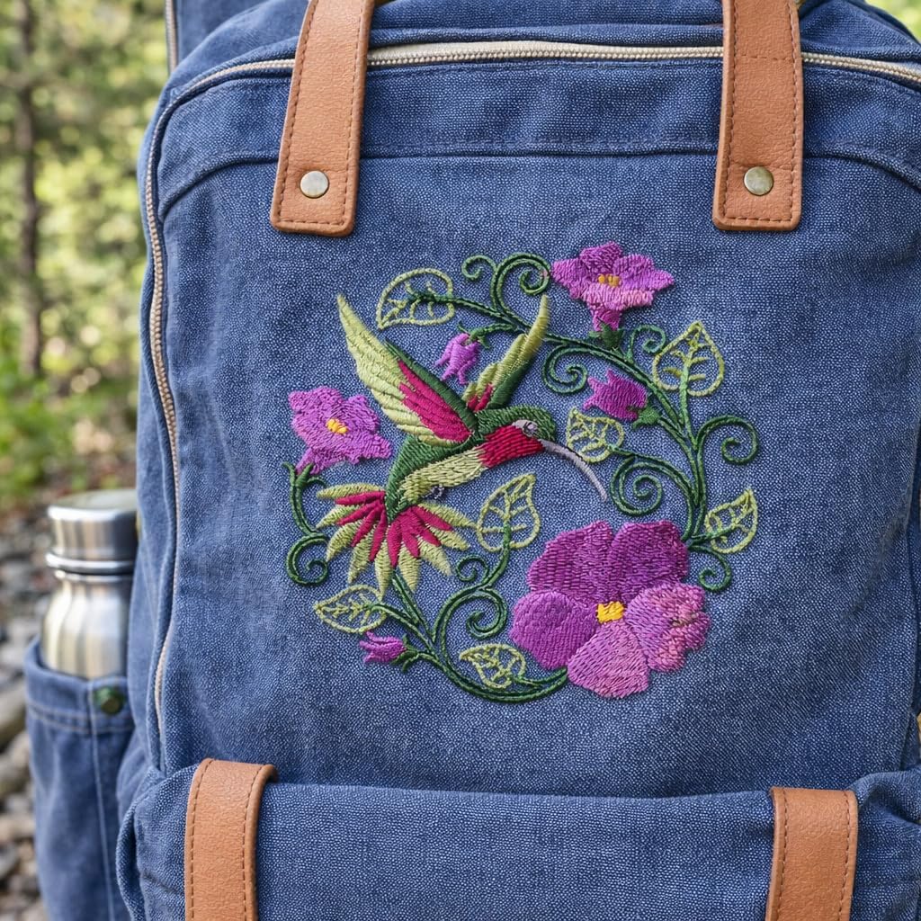 Hummingbird Embroidered Patch 5" Iron On Sew On Floral Bird Patch for Jacket Backpack Hat Denim Vest | Nature Flower Circle Patch Made in USA