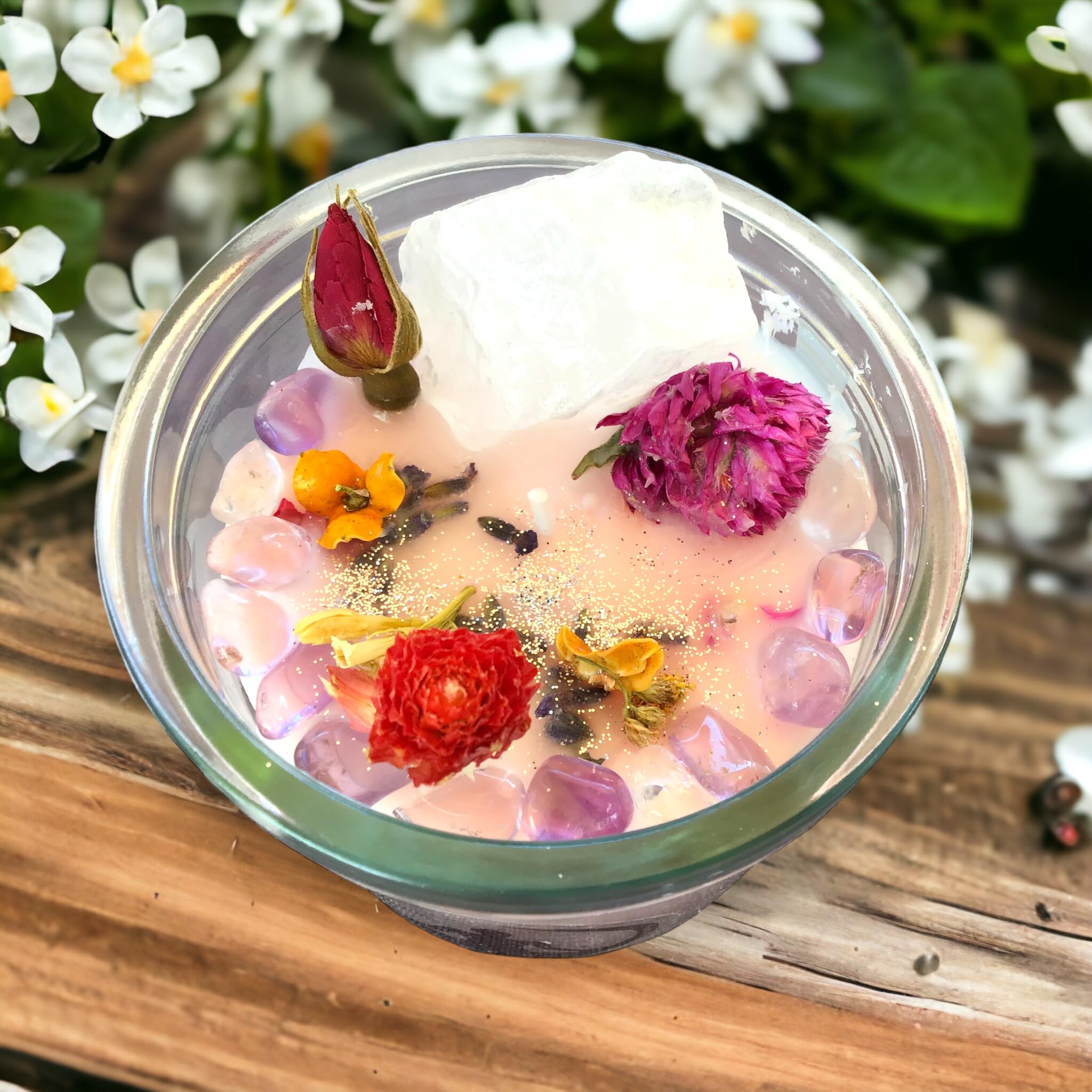 Große Edelsteinkerze "Meditation" im Glas mit Anleitung | Duftkerze | Ritualkerze | Kristallkerze mit Blüten | Amethyst, Rosenquarz, Bergkristall | Jasmin