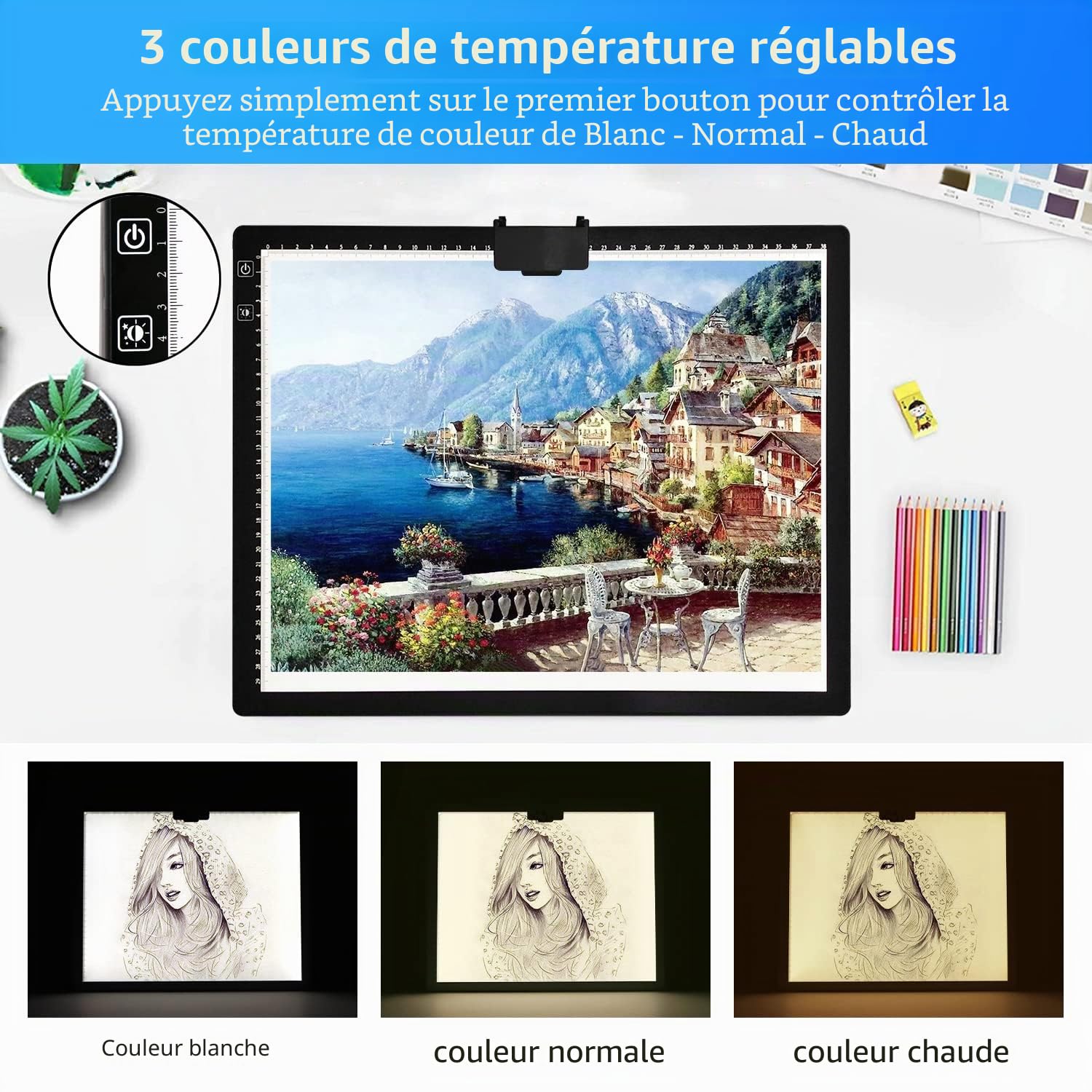 Tablette lumineuse a3 rechargeable avec sac&Support, 3 couleurs dimmables et 6 niveaux de gradation table lumineuse a3 pour le dessin, diamond painting, la peinture, la visualisation aux rayons X
