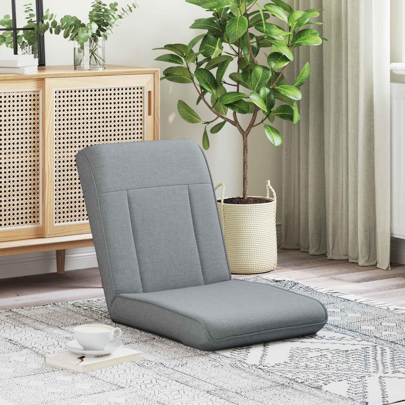 Regulowane krzesło podłogowe, jasnoszare materiał z oparciem wielopozycyjnym, wyściełane, ergonomiczne, składane, przenośne, do salonu, sypialni, medytacji, czytania, gier