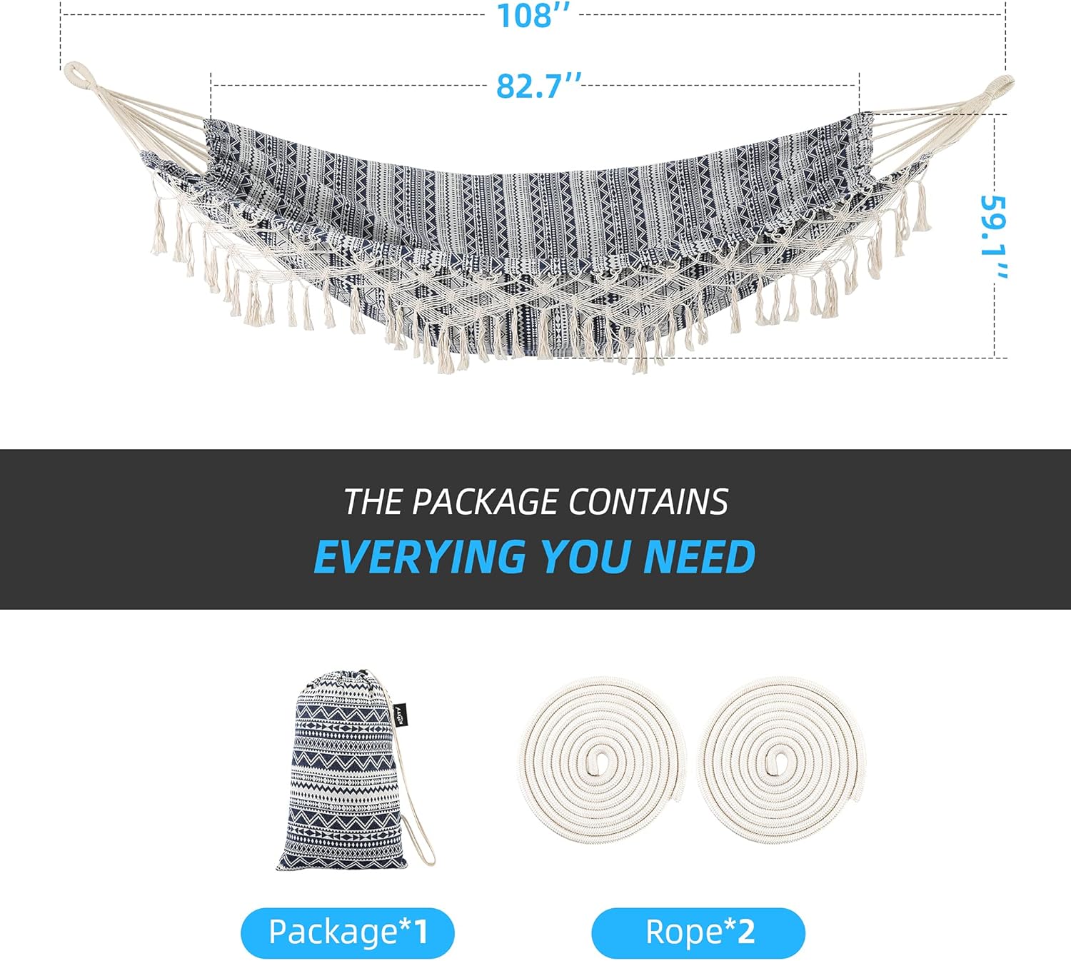 Portable Hammock with Tassel and Hammock Hooks,Garden Hammock with Tassels,2 Persons Indoor Hammocks with Portable Carry Bag Deluxe Macrame Fringe for Patio,Porch,Backyard,Beach,Outdoor