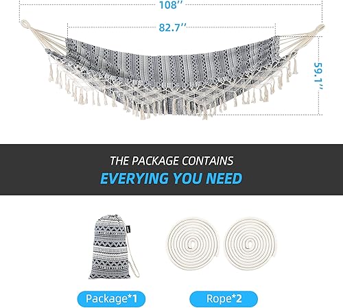 Miniatura 2 de Hamaca de jardín con borlas, hamacas para 2 personas con bolsa de transporte portátil de lujo con borde de macramé para patio, porche, patio