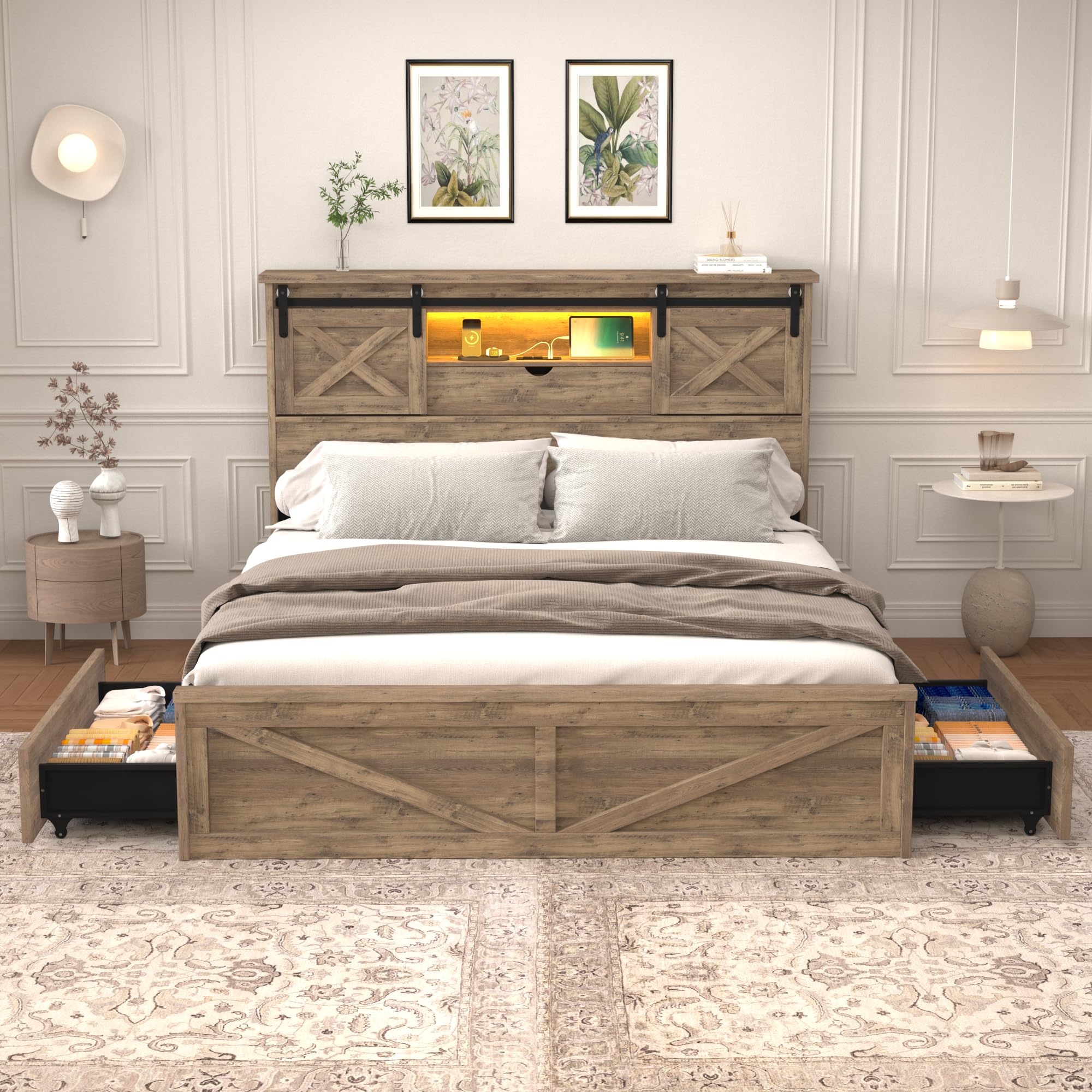 HMYFGD Farmhouse Queen Size Bed Frame with Storage Bookcase Headboard, Wooden Bed with LED Lights, Charging Station, 2 Drawers, Rustic Bed Frame with