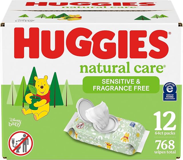 Huggies Natural Care Sensitive Baby Wipes, Unscented, Hypoallergenic, 99% Purified Water, 12 Flip-Top Packs (768 Wipes Total)